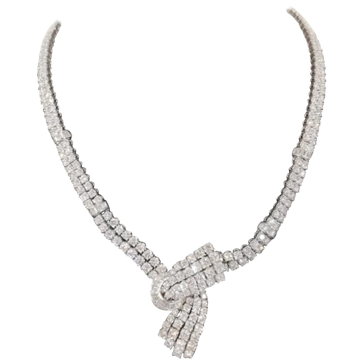 38 Carat Tennis Necklace Brooch Baguette Round Brilliant Cut Diamonds For Sale