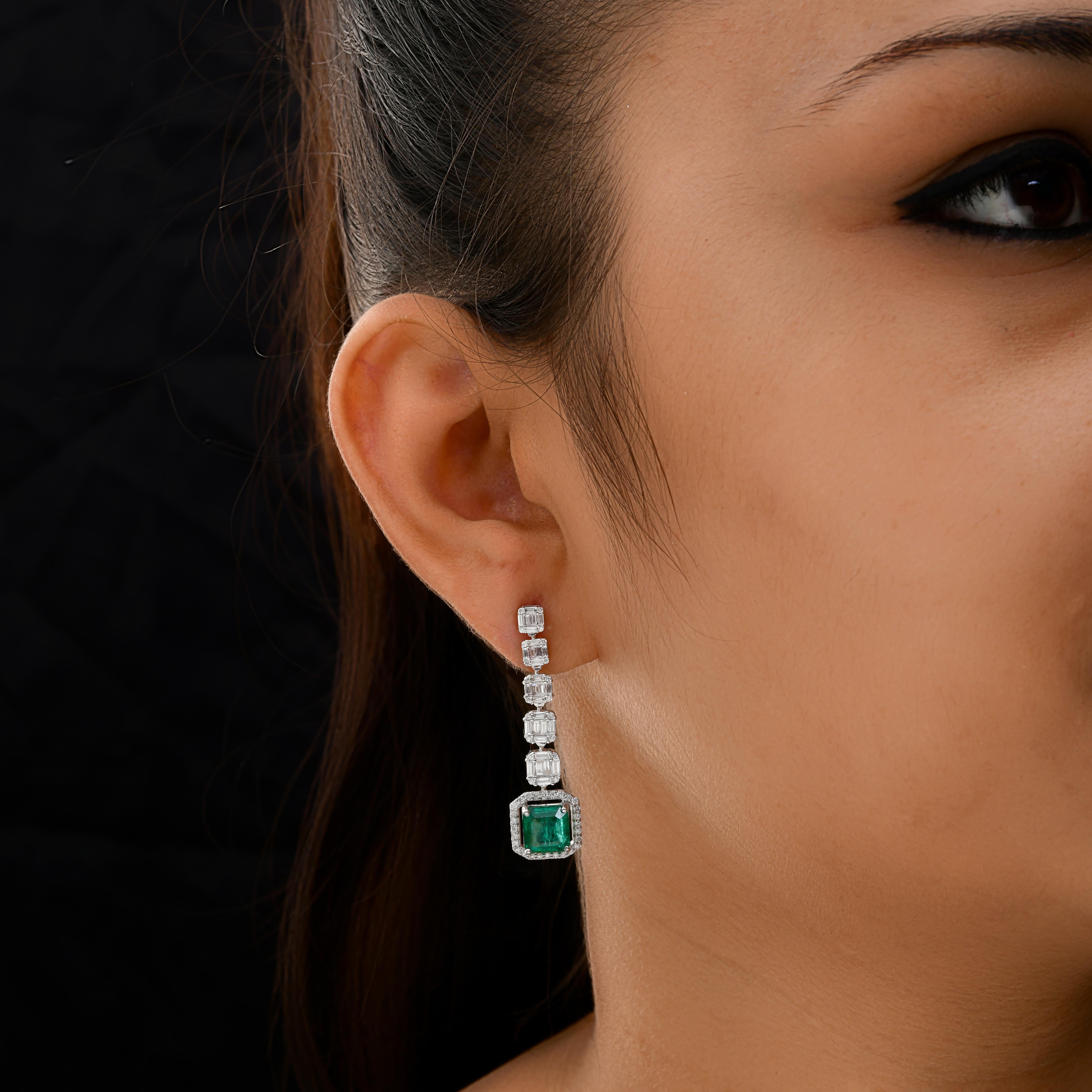 Women's 3.8 Carat Zambian Emerald 1.47 Carat SI/H Diamond Dangle Earrings 18k White Gold For Sale