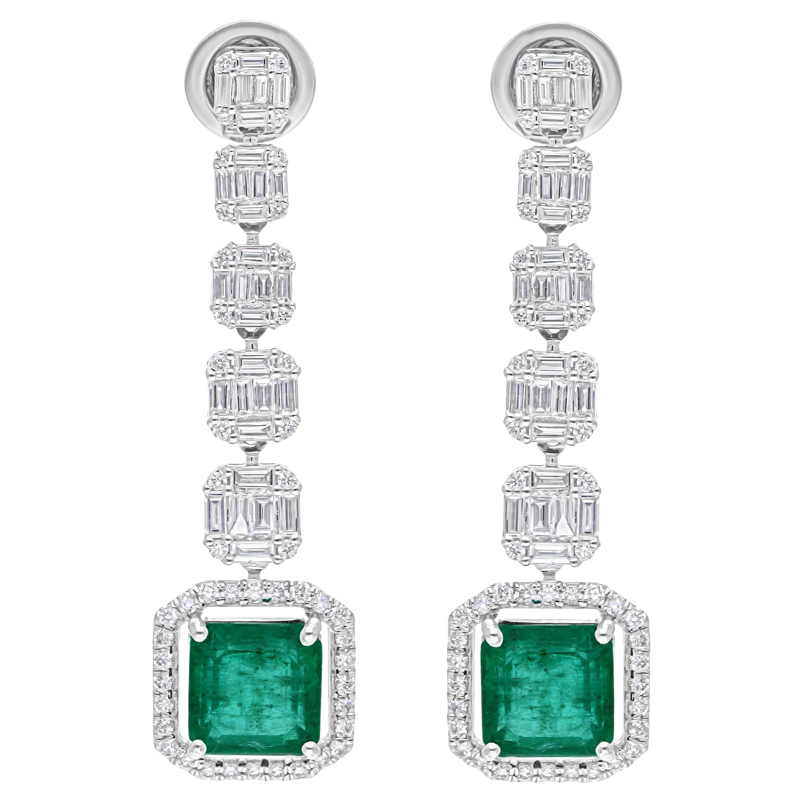 3.8 Carat Zambian Emerald 1.47 Carat SI/H Diamond Dangle Earrings 18k White Gold