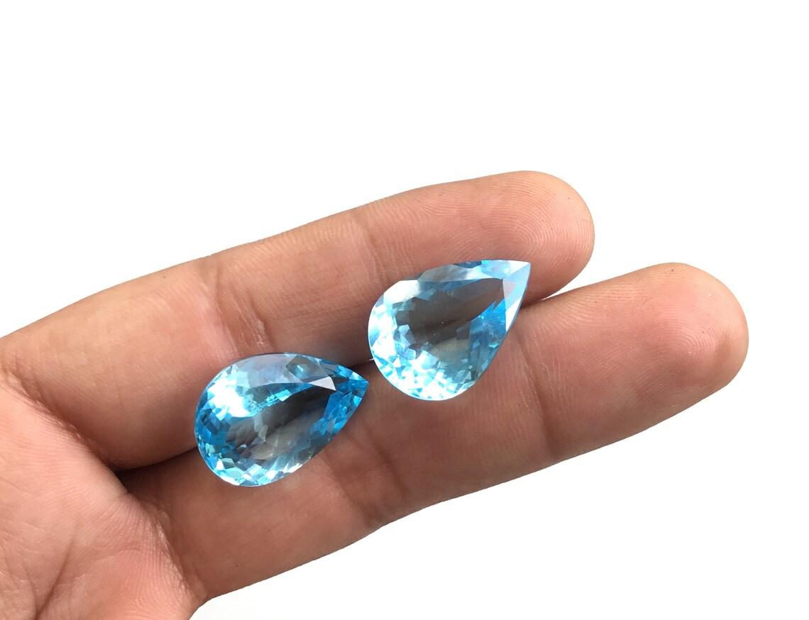 Art Deco 38 Carats Blue Topaz Pear Pair Natural Gemstone 2 Piece Faceted Earrings Gem For Sale