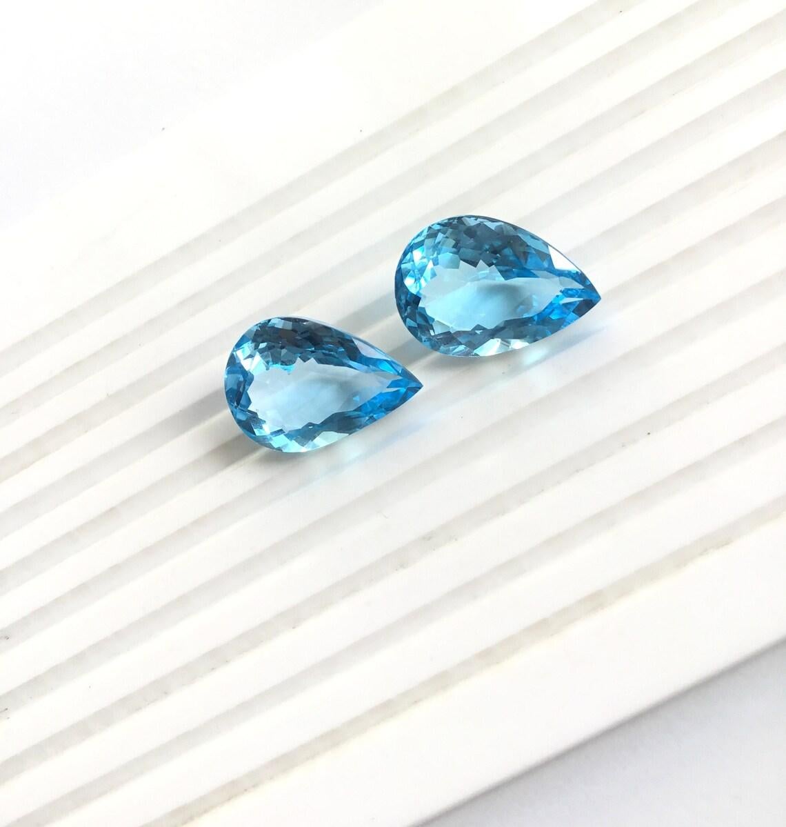 38 Carats Blue Topaz Pear Pair Natural Gemstone 2 Piece Faceted Earrings Gem For Sale 1