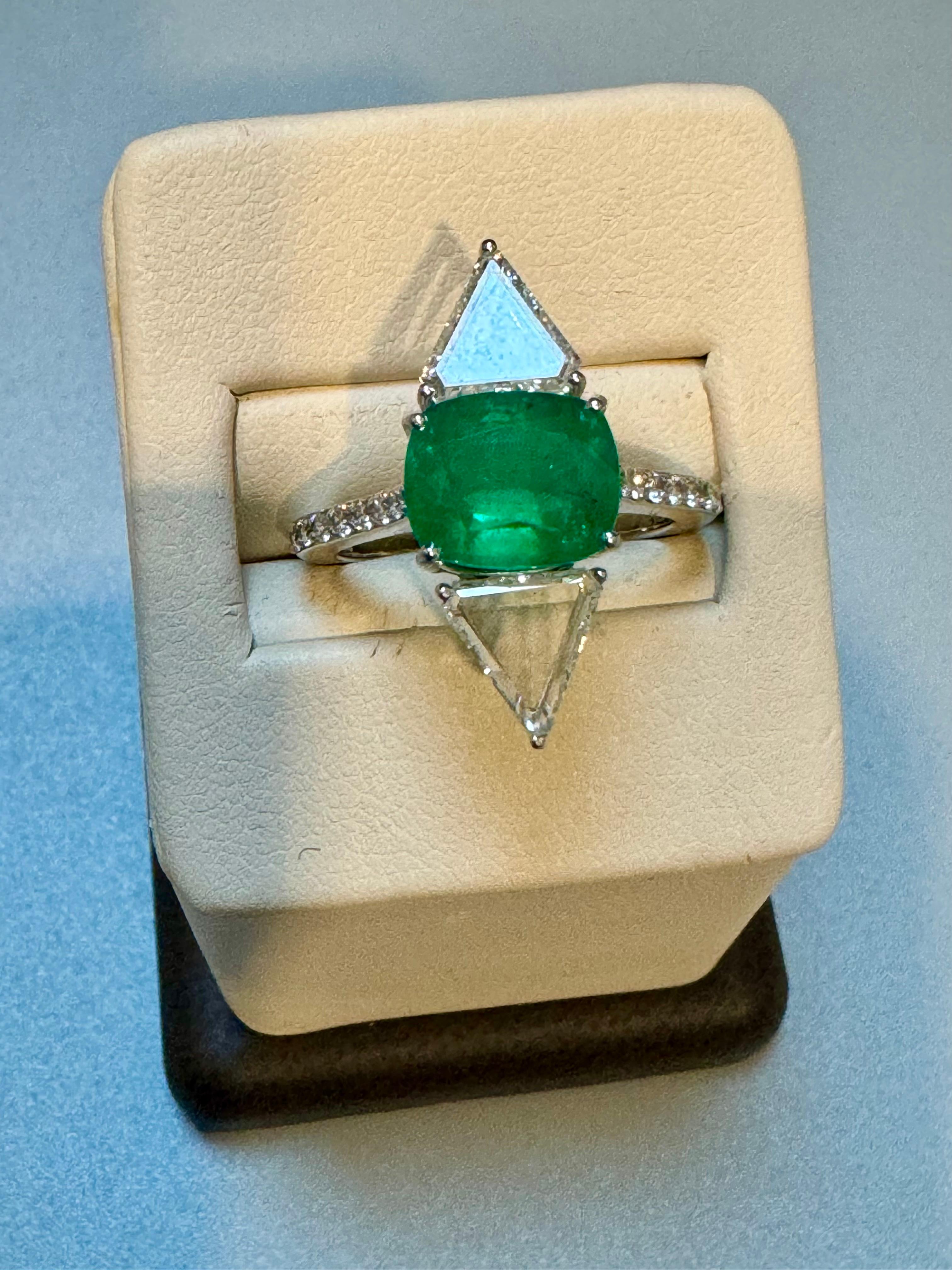 Women's 3.8 Ct Finest Zambian Cushion Cut Emerald & 1.5Ct Diamond Ring, 18 Kt Gold , 7.5 For Sale
