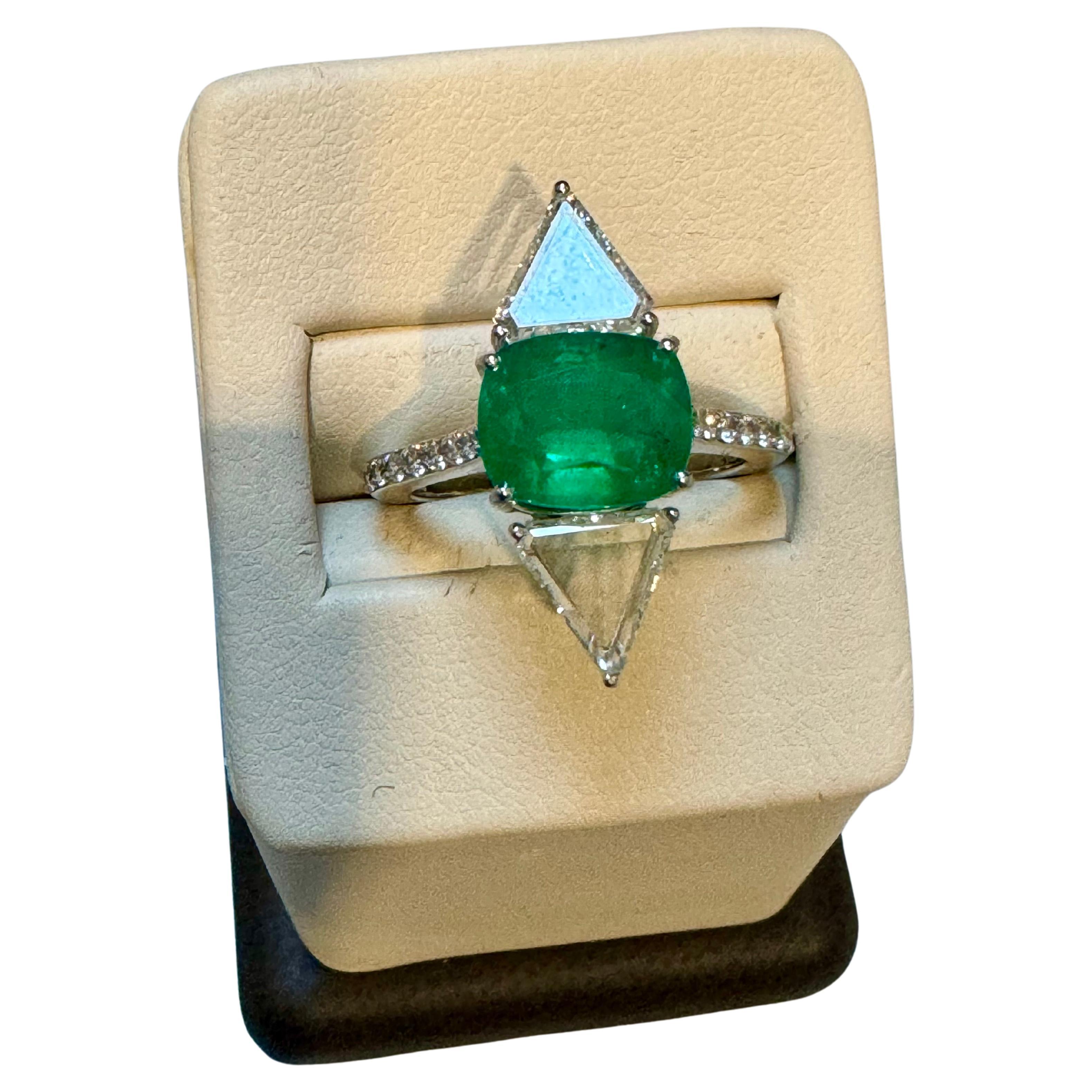 3.8 Ct Finest Zambian Cushion Cut Emerald & 1.5Ct Diamond Ring, 18 Kt Gold , 7.5 For Sale