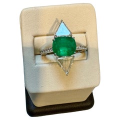 3.8 Ct Finest Zambian Cushion Cut Emerald & 1.5Ct Diamond Ring, 18 Kt Gold , 7.5