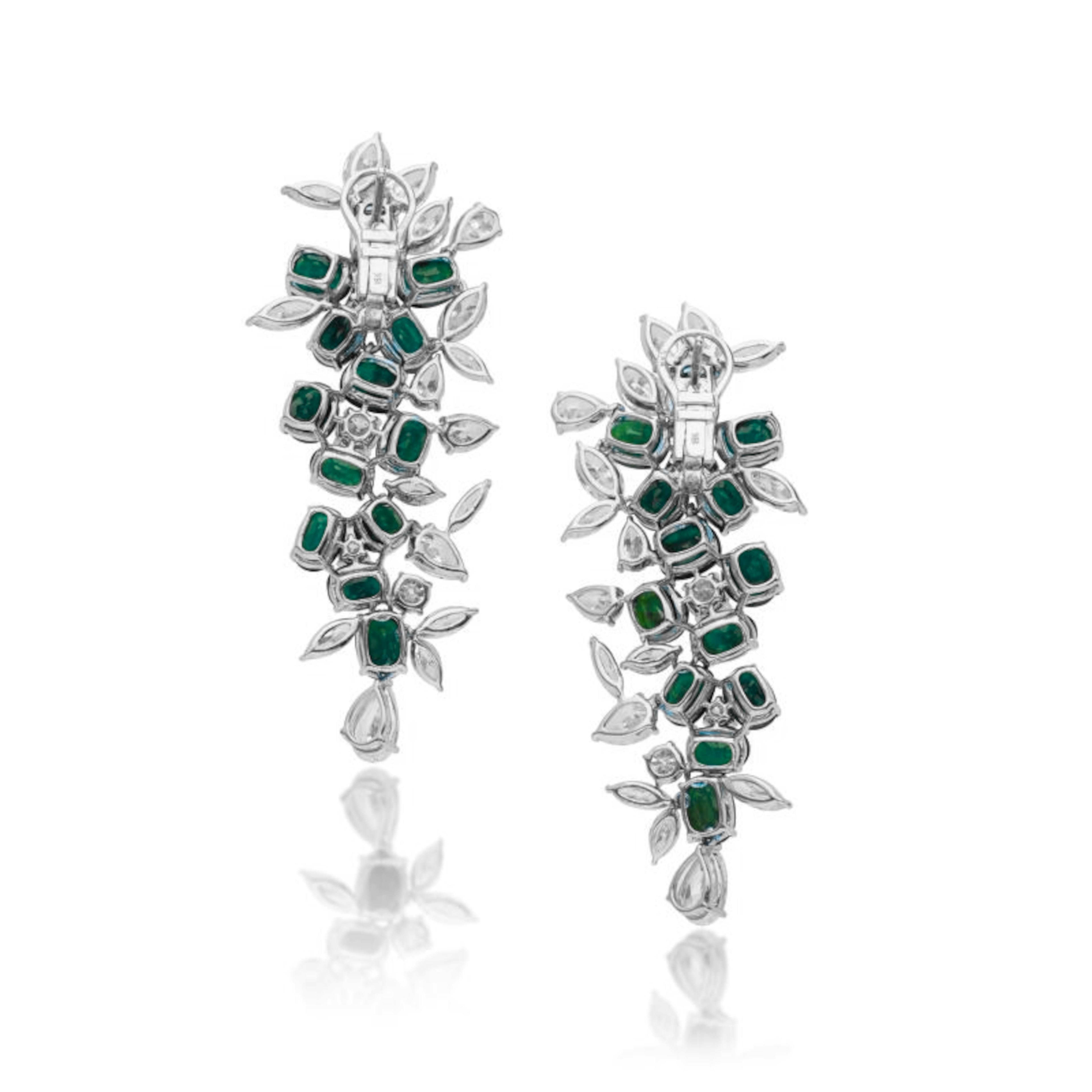 Contemporary 38 Ct. Green Emerald Cluster Pear Cut Diamond Earrings For Sale