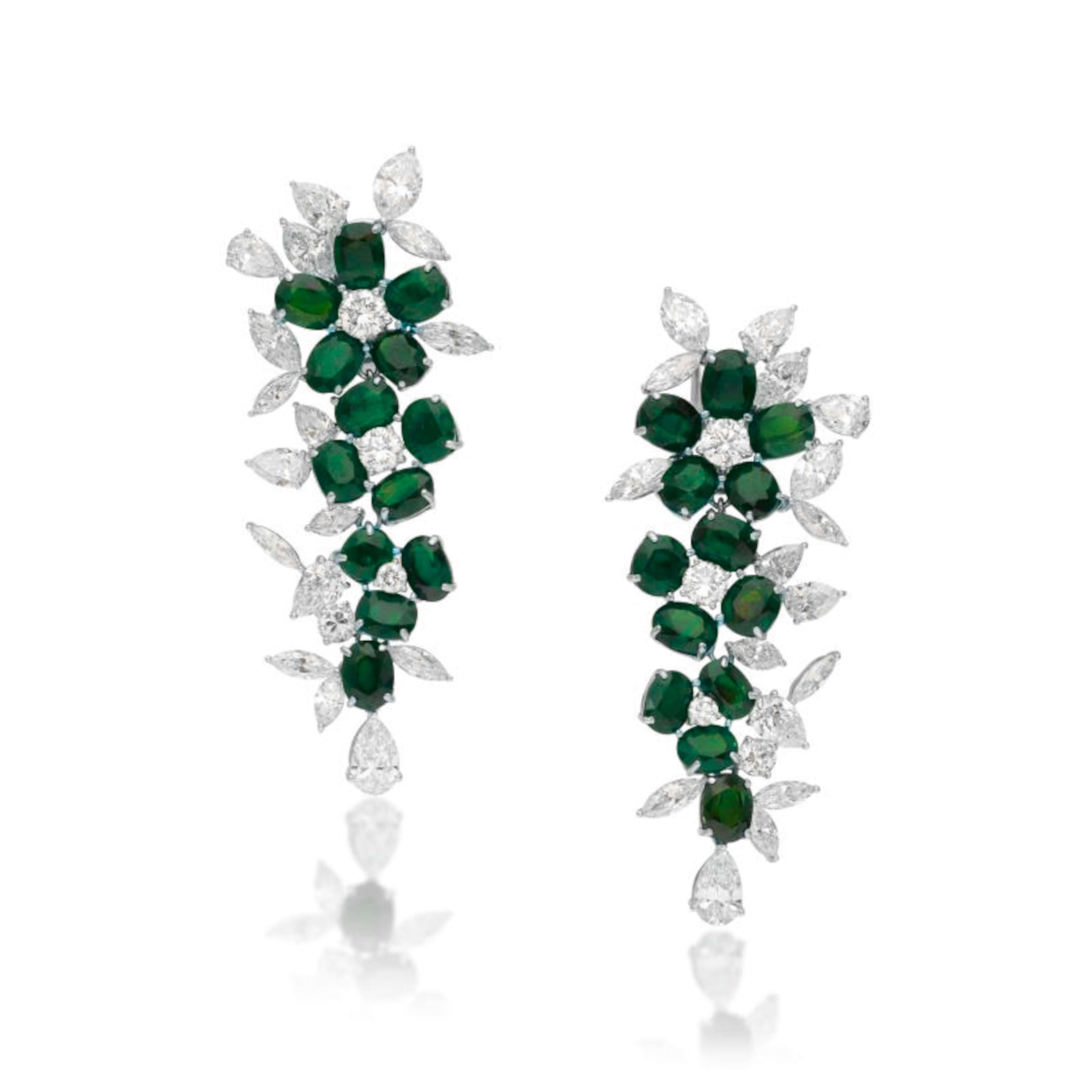 Oval Cut 38 Ct. Green Emerald Cluster Pear Cut Diamond Earrings For Sale
