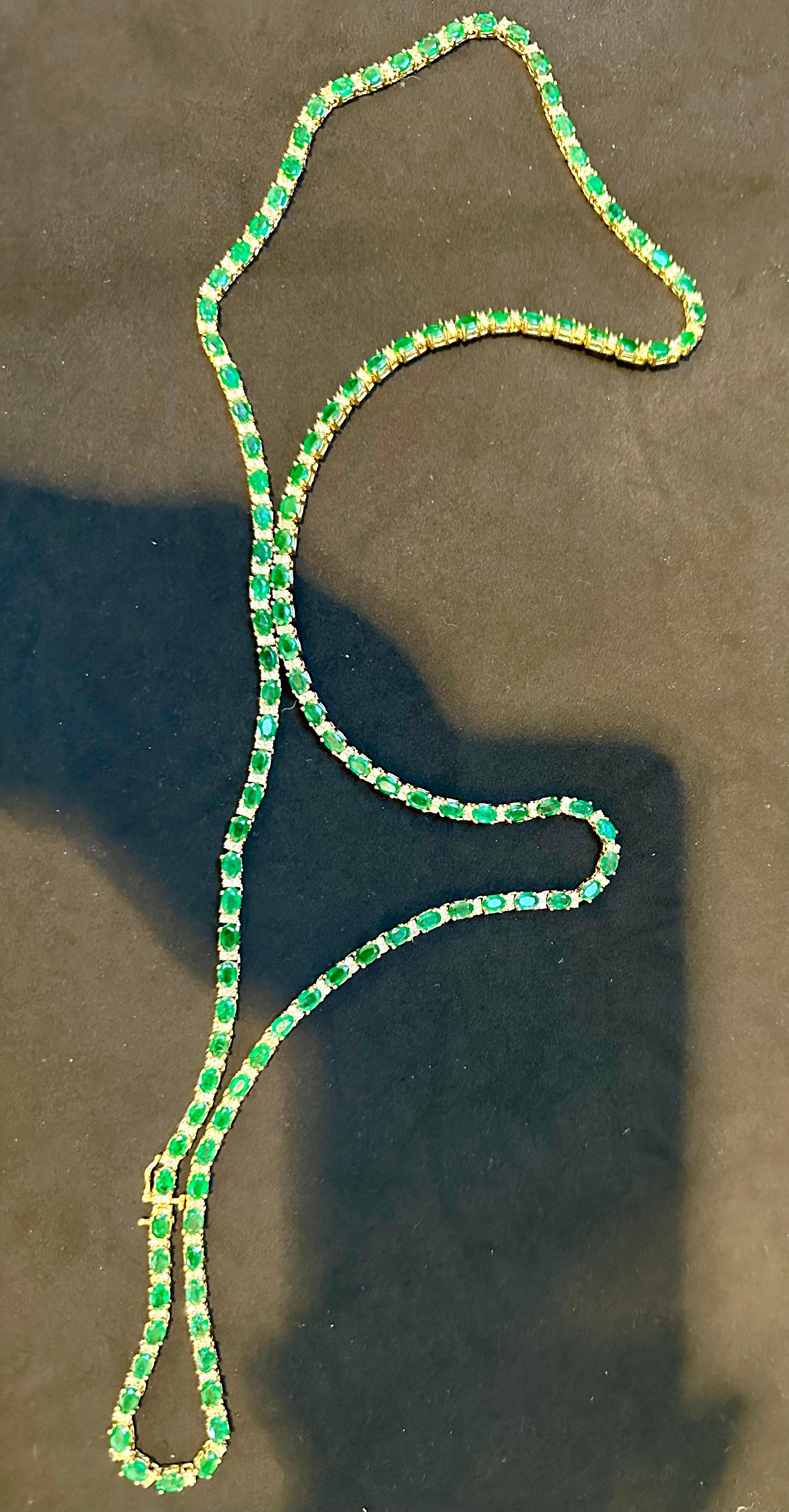 38 Ct Oval Natural Brazilian Emerald & 4 Ct Diamond Tennis Necklace 14KYG 24