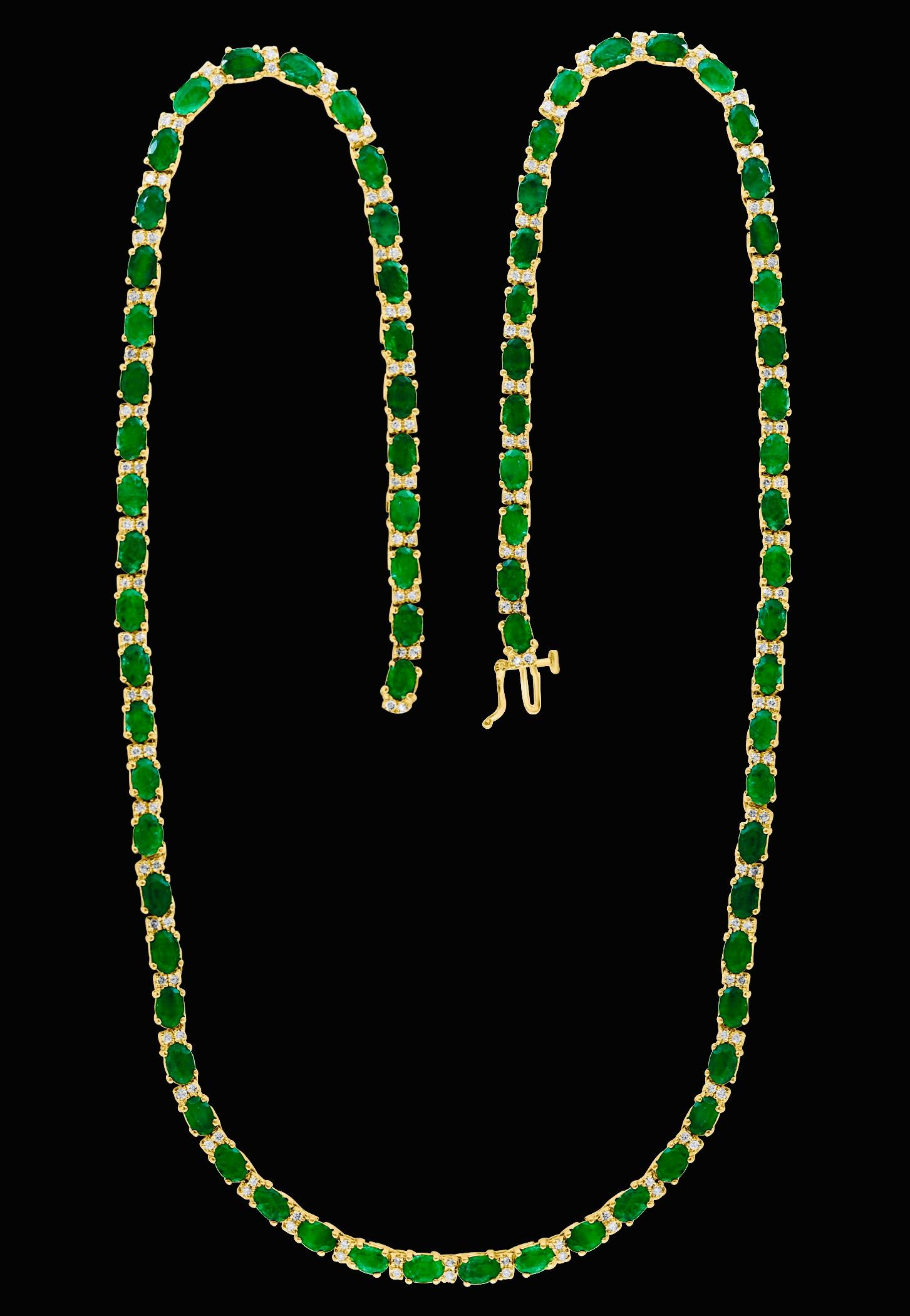 38 Ct Oval Natural Brazilian Emerald & 4 Ct Diamond Tennis Necklace 14KYG 24