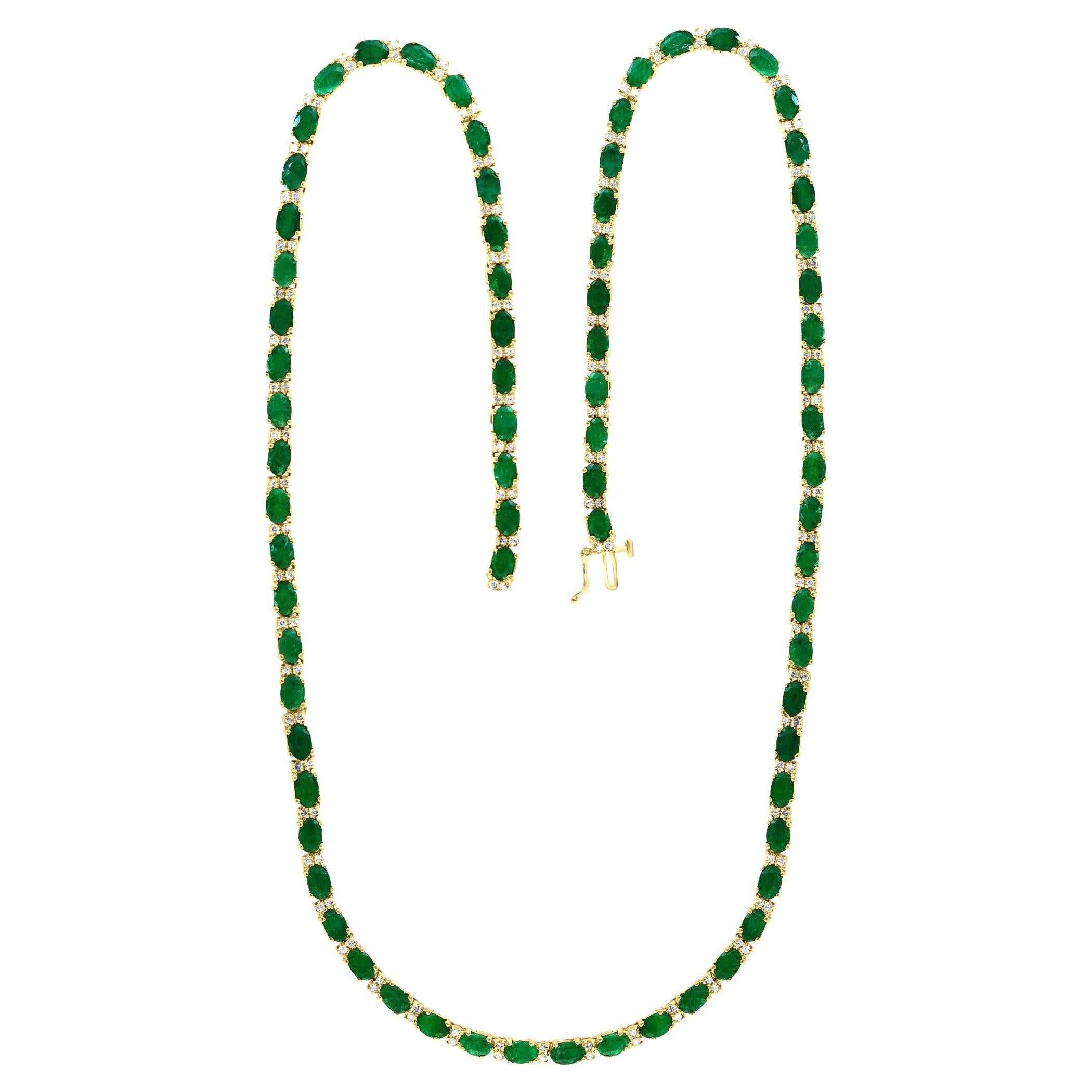 38 Ct Oval Brazilian Emerald & 4 Ct Diamond Tennis Necklace 14KYG 24