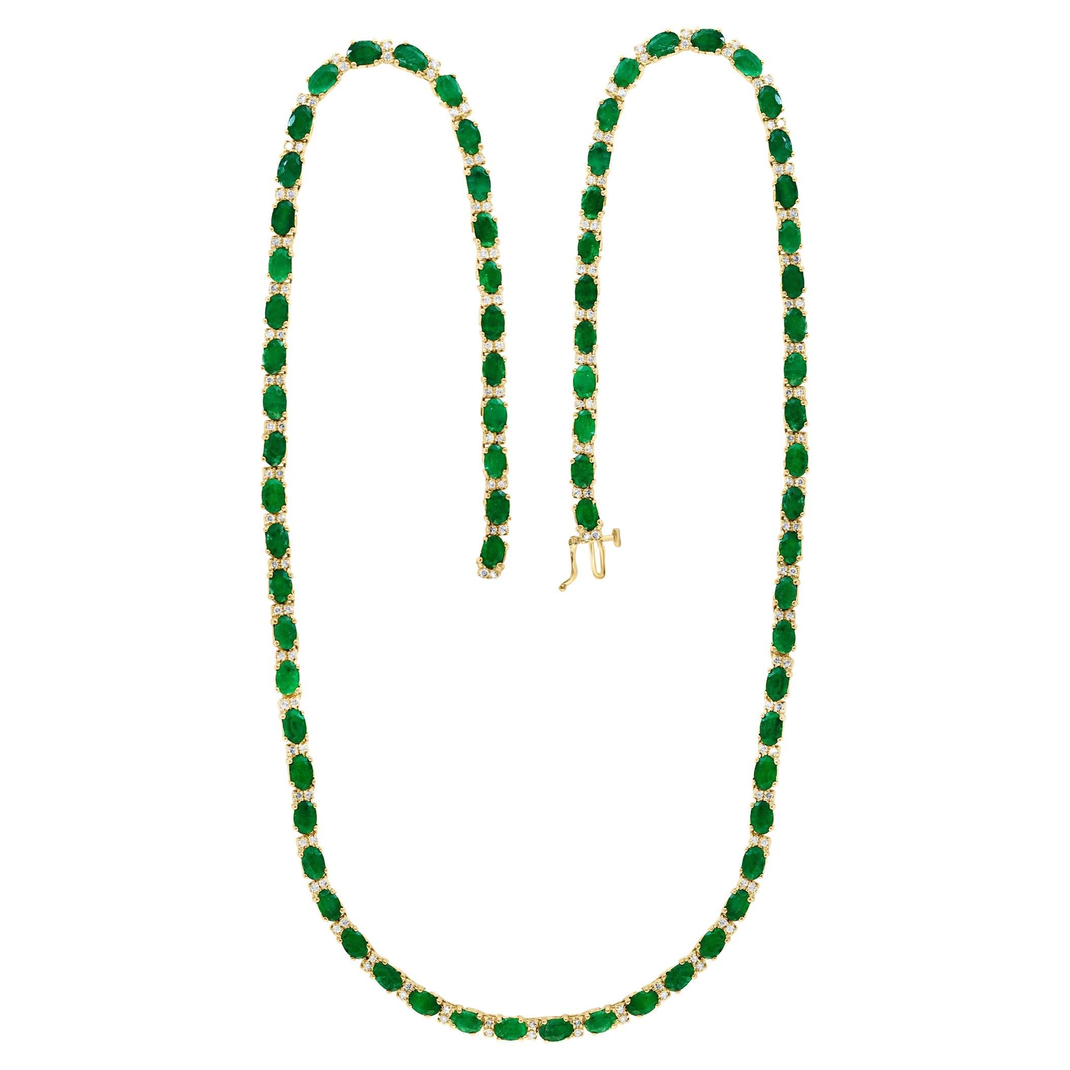 38 Ct Oval Natural Brazilian Emerald & 4 Ct Diamond Tennis Necklace 14KYG 24"