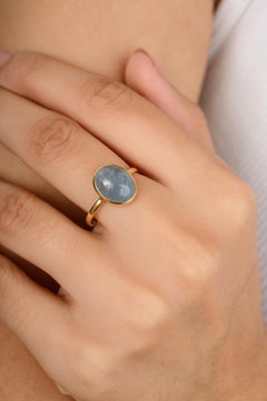 3.8 CTW Certified Aquamarine Cabochon Single Stone Ring in 18k Solid Yellow Gold