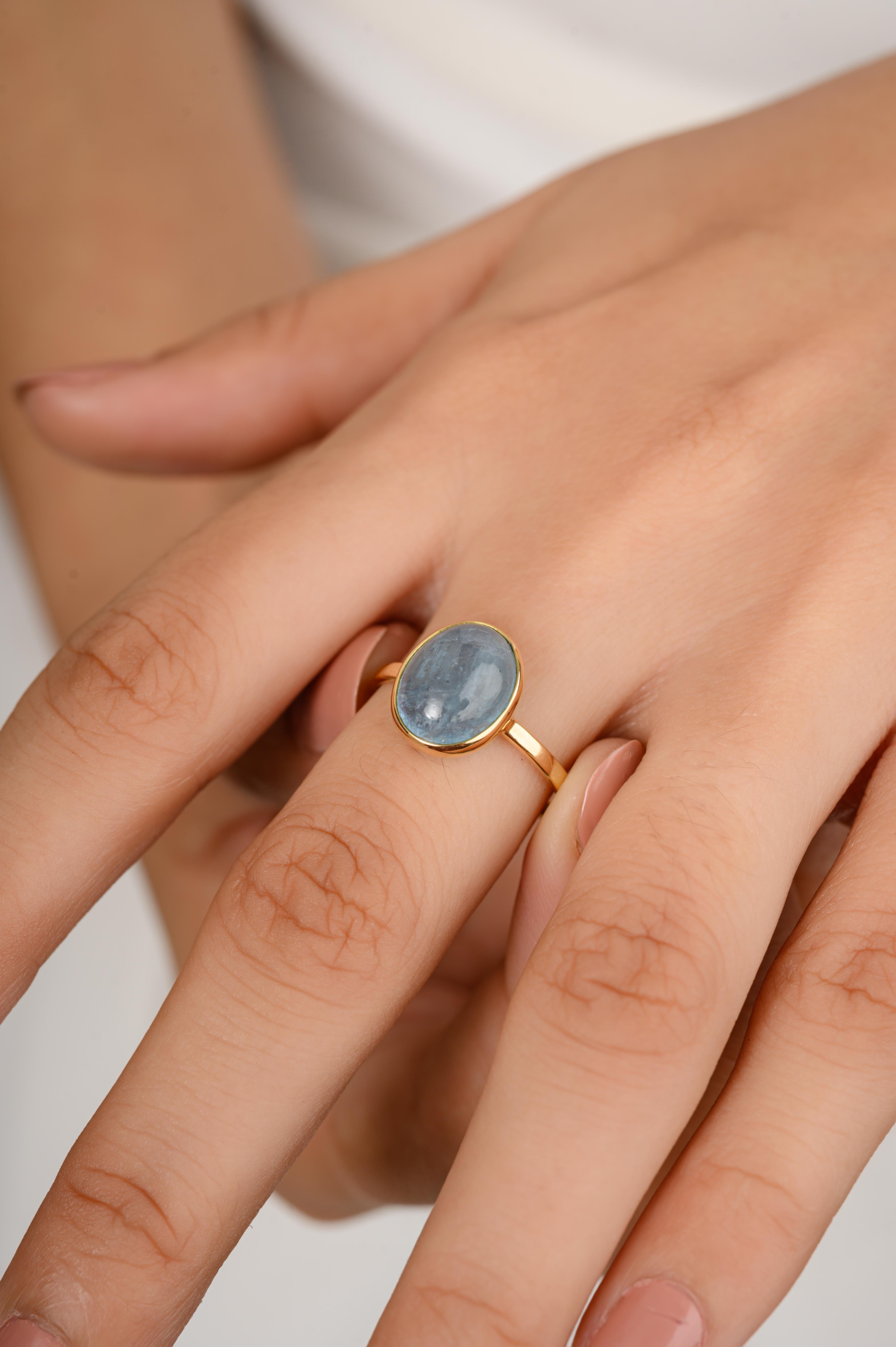For Sale:  3.8 CTW Certified Aquamarine Cabochon Single Stone Ring in 18k Solid Yellow Gold 5