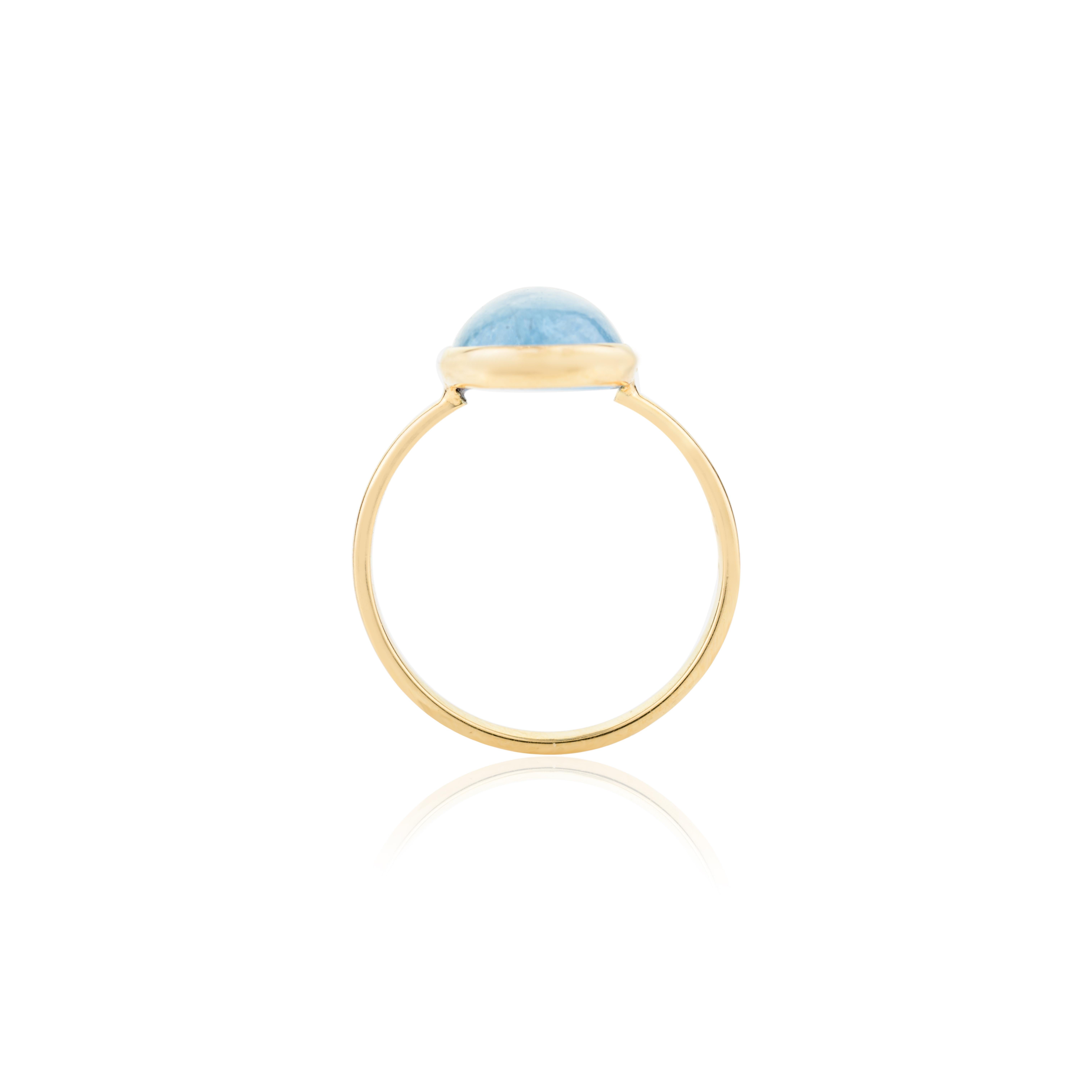 For Sale:  3.8 CTW Certified Aquamarine Cabochon Single Stone Ring in 18k Solid Yellow Gold 7