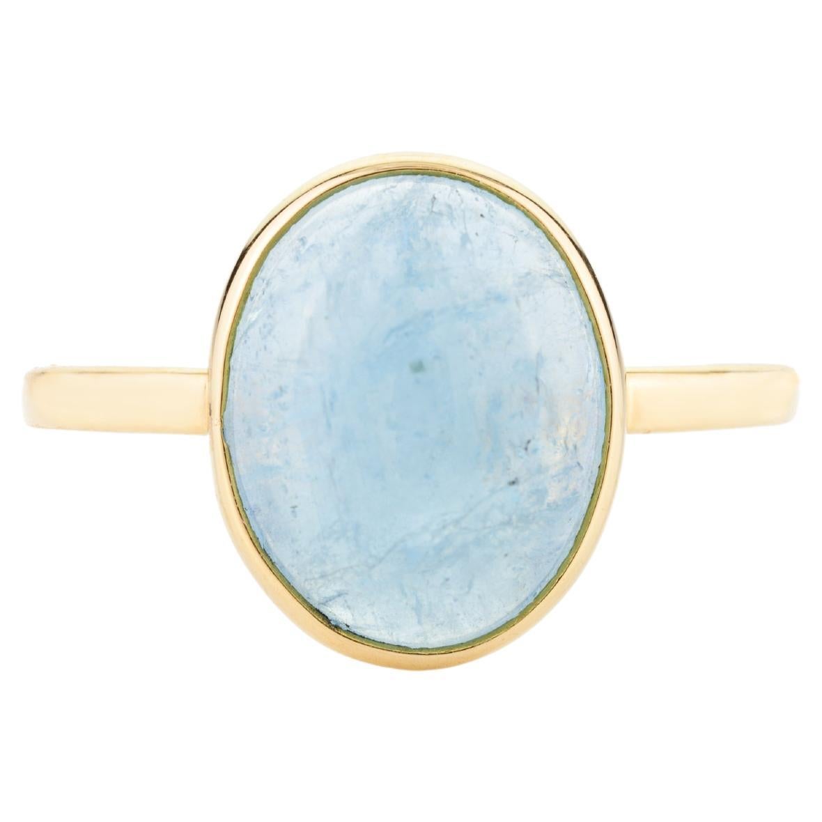 3.8 CTW Certified Aquamarine Cabochon Single Stone Ring in 18k Solid Yellow Gold