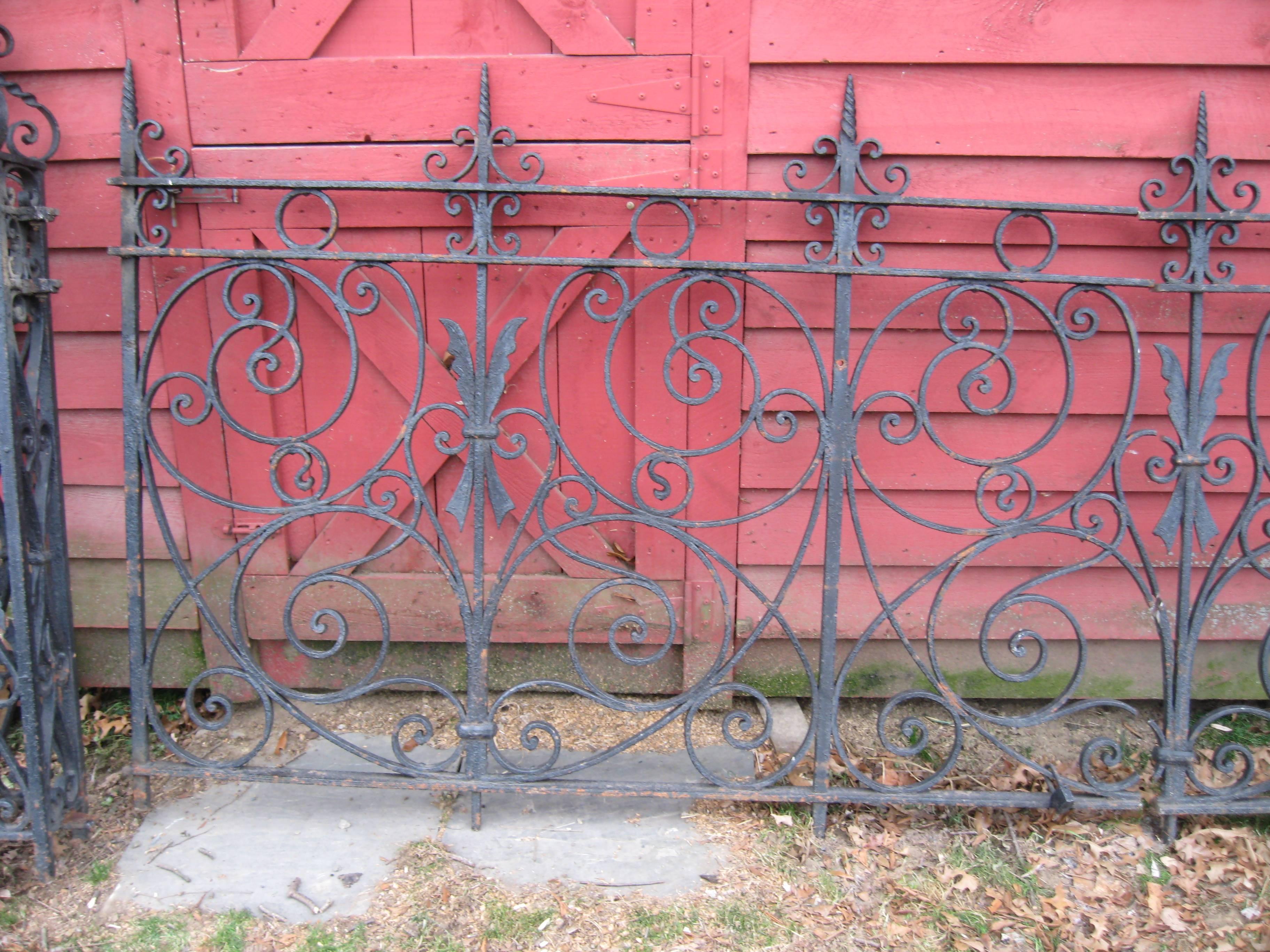A great old section of 19th century iron fencing that we helped salvage from a property that was being torn down. The pieces were cut for transport into 6 foot long segments plus the one pole and one end cap. The total length of fence is a bit over