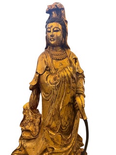 38" Large Antique Chinese Giltwood Standing Guanyin Statue, Lotus Willow Vase