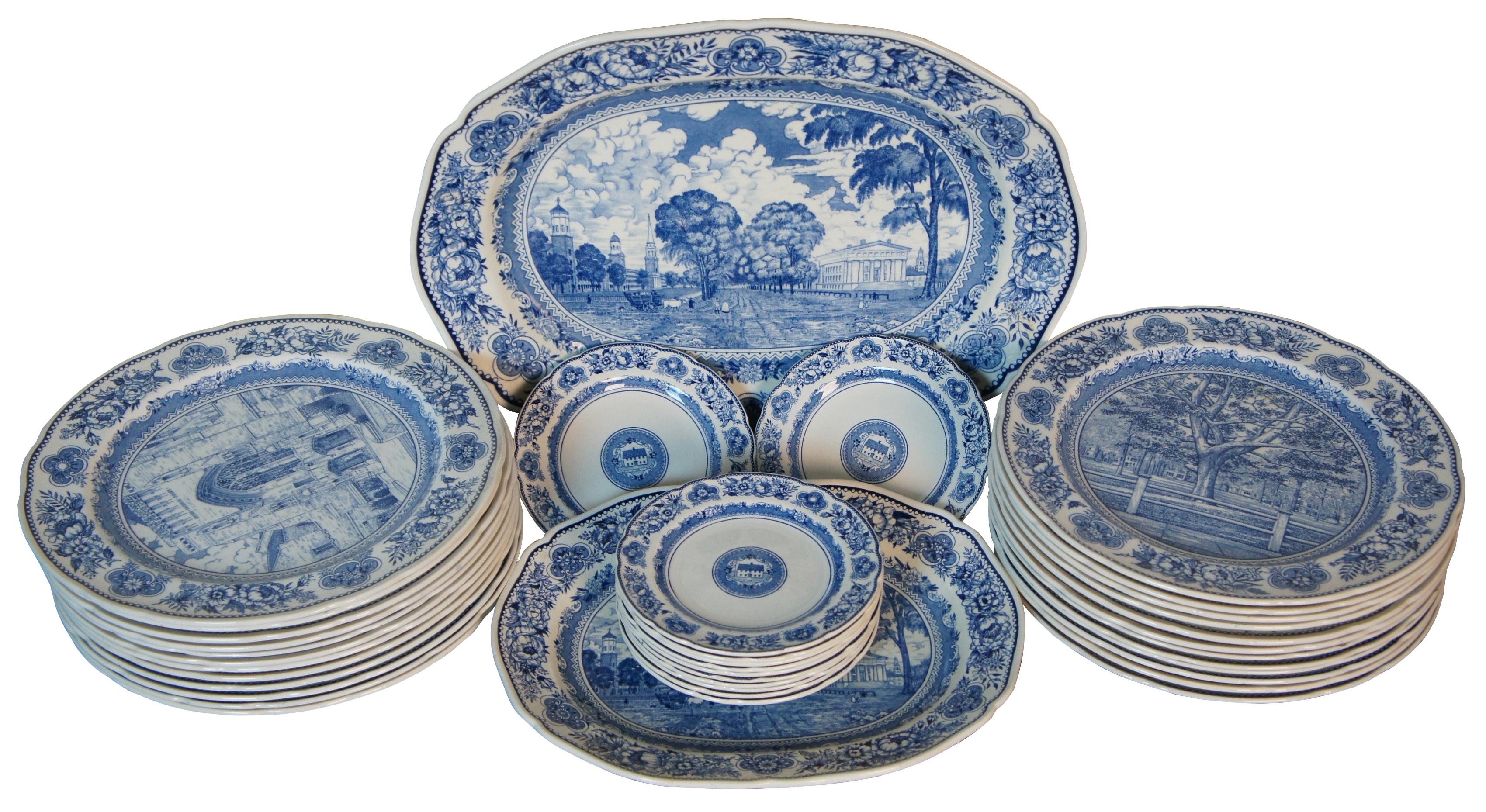 Antique 38 piece set of Wedgwood collegiate china showing the buildings of Yale University. Set matching platters in two sizes, a set of 12 matching bread plates, and 24 dinner plates comprising two each of twelve different patterns.

Large