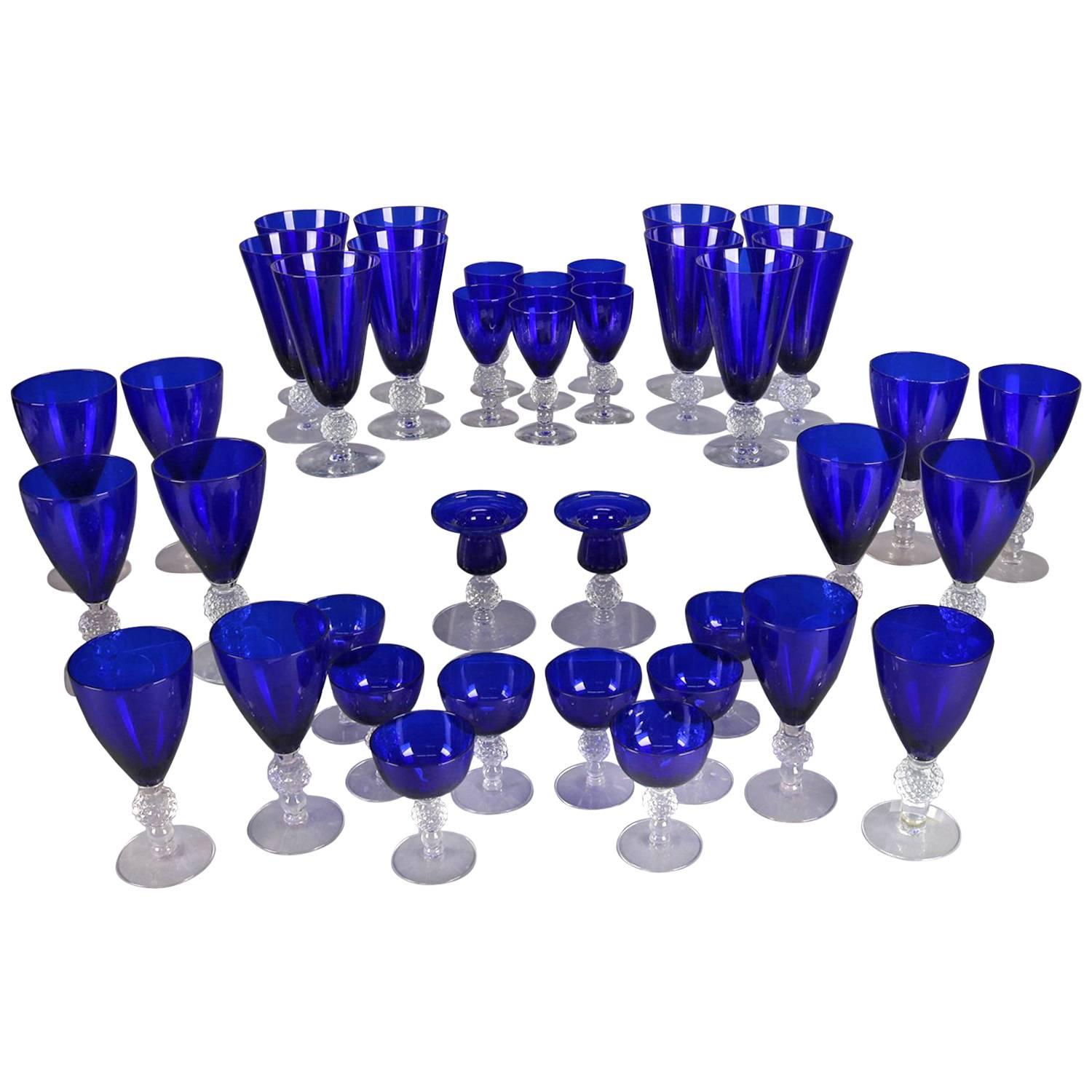 ensemble 38 pièces de verres à pied Ritz bleu motif balle de golf par Morgantown Glass Co