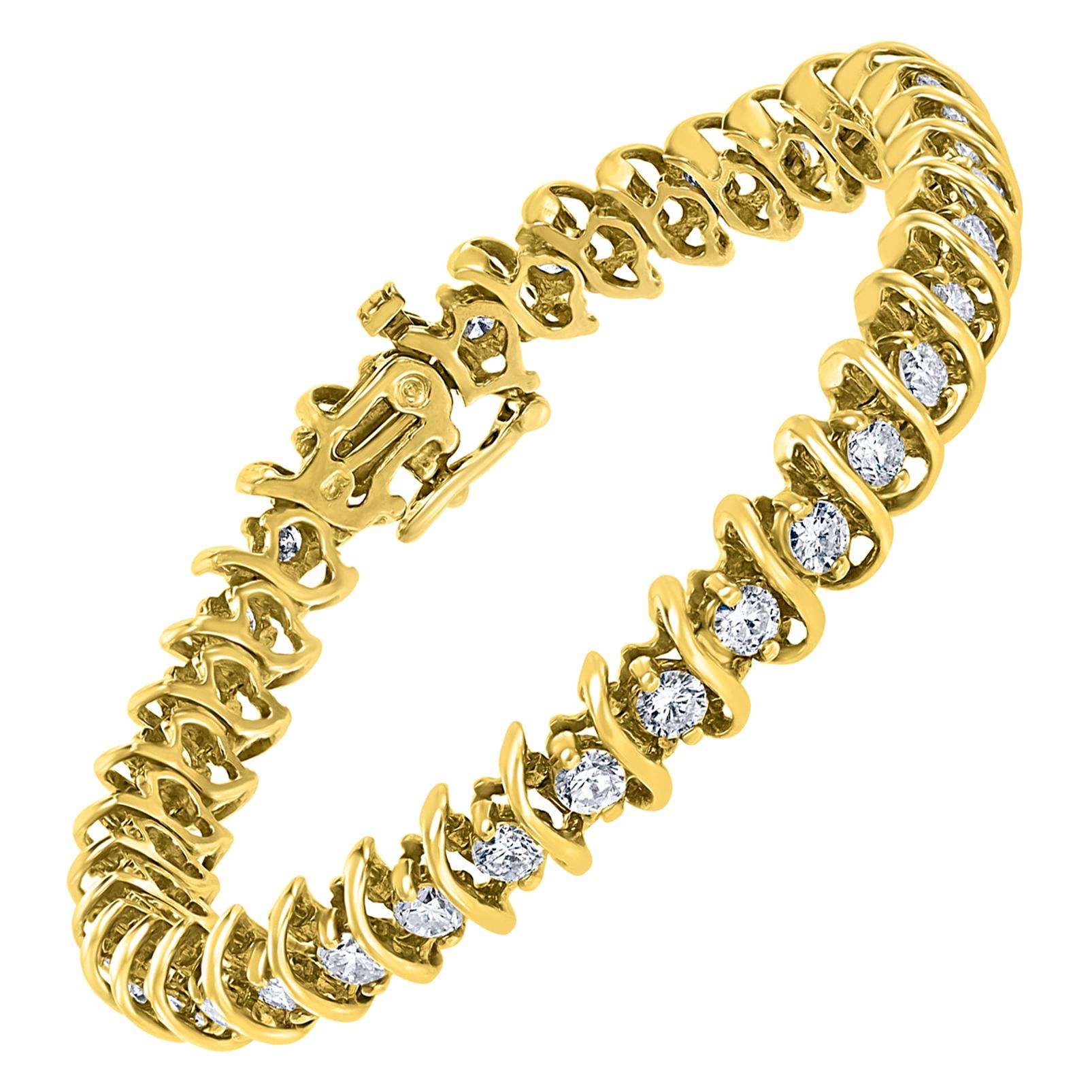 38 Bracelet de tennis en or jaune 14 carats avec diamants ronds et designs en S  5.7 Carat, 7" en vente