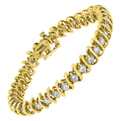 38 Bracelet de tennis en or jaune 14 carats avec diamants ronds et designs en S  5.7 Carat, 7"
