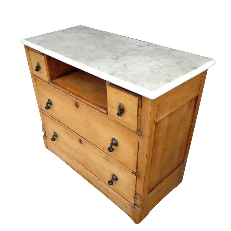 American Classical Rustic Pine 4 Drawer Marble Top Chest of Drawers For Sale