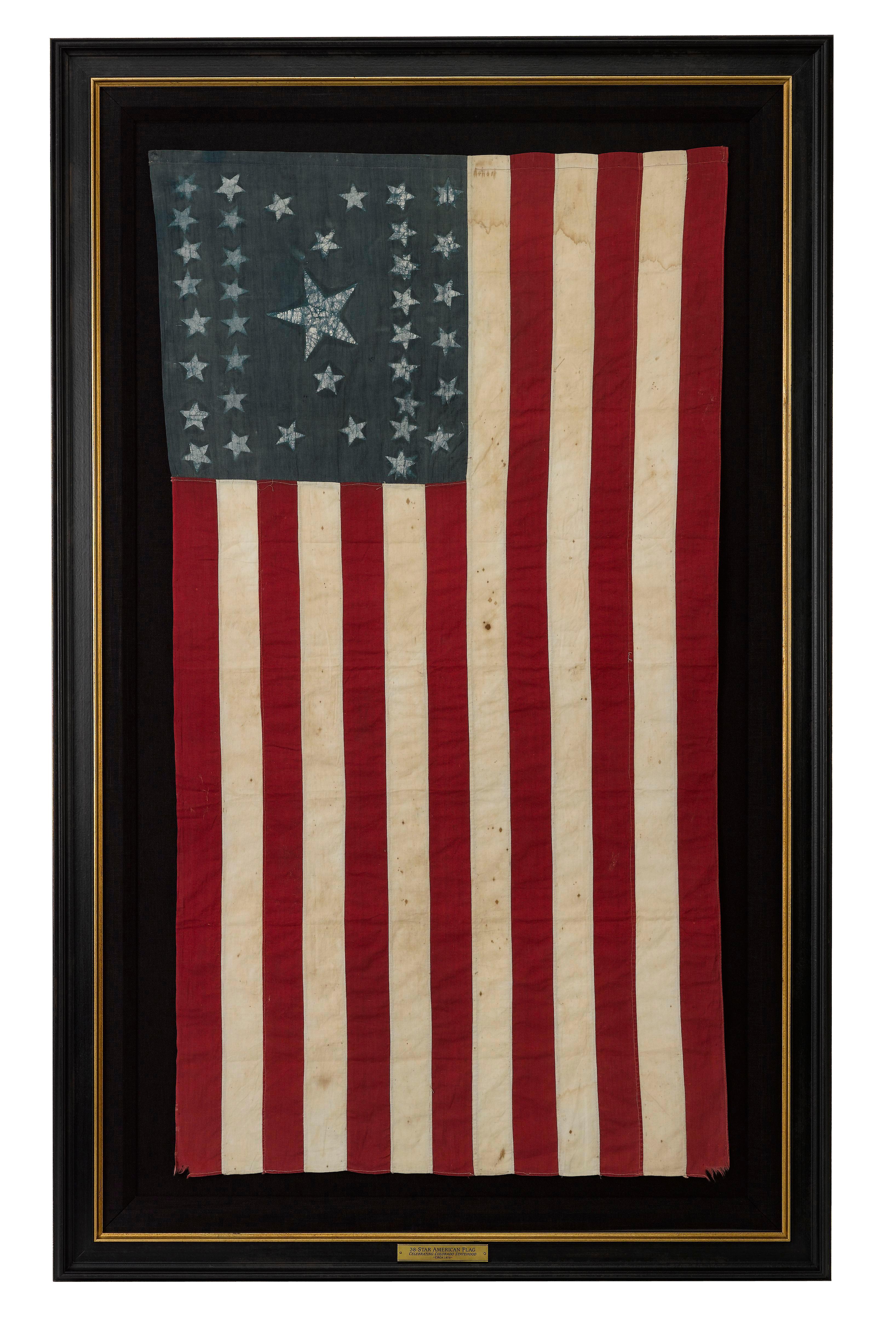 Cotton 38-Star Vertical American Flag, Celebrating Colorado Statehood, Circa 1876