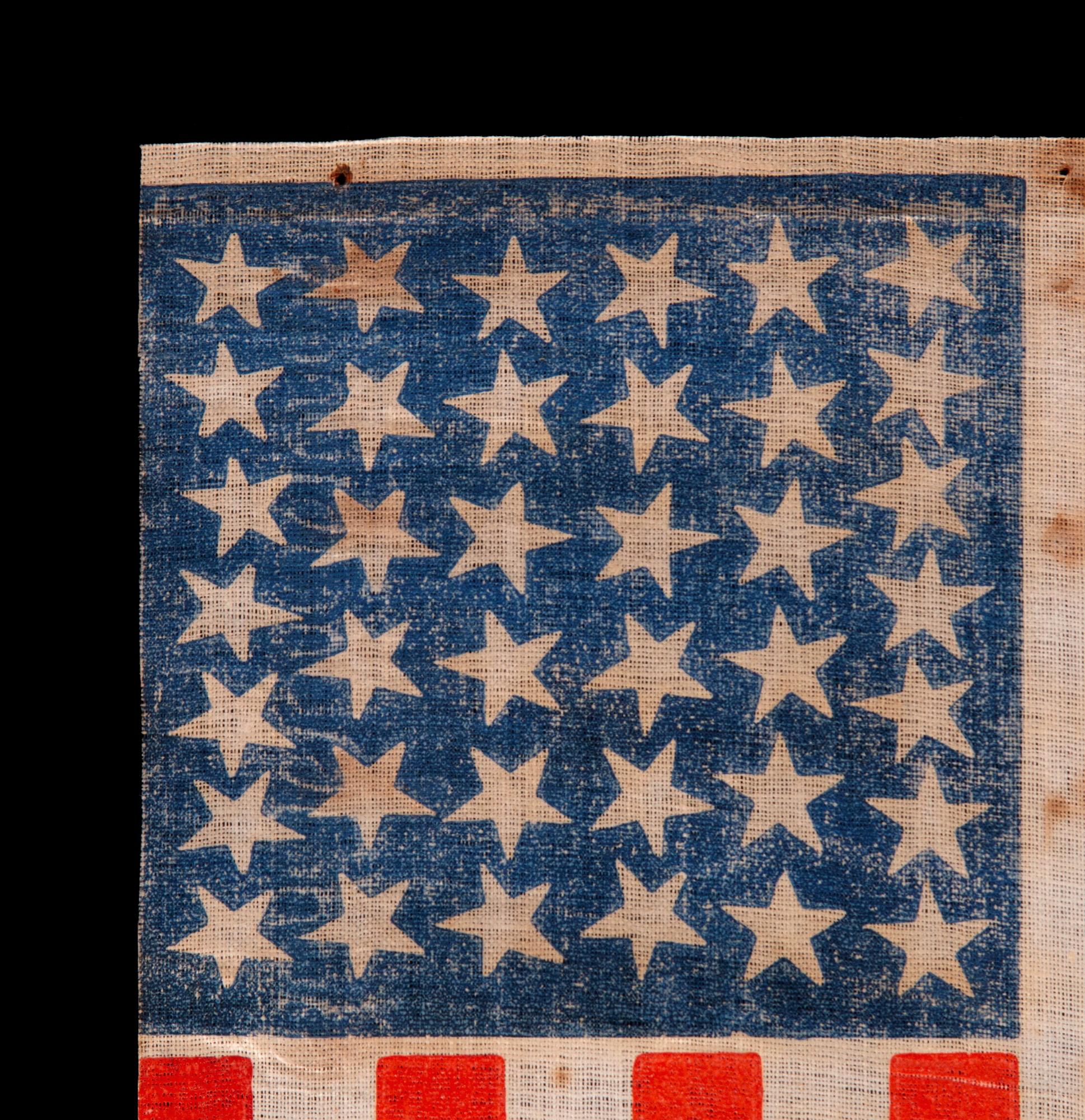Bandera de desfile americana antigua de 38 estrellas, Colorado Statehood, Ca 1876-1889 Estadounidense