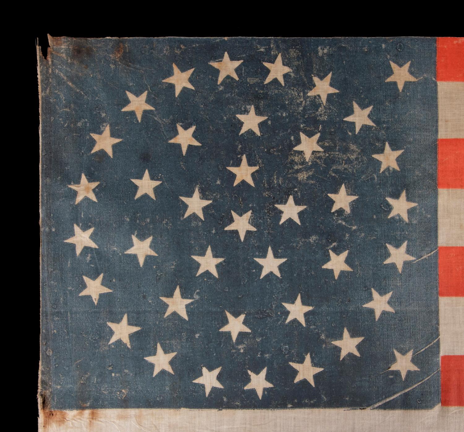 38 Stars in a Medallion Configuration, on a Large Scale Antique American Flag In Good Condition In York County, PA