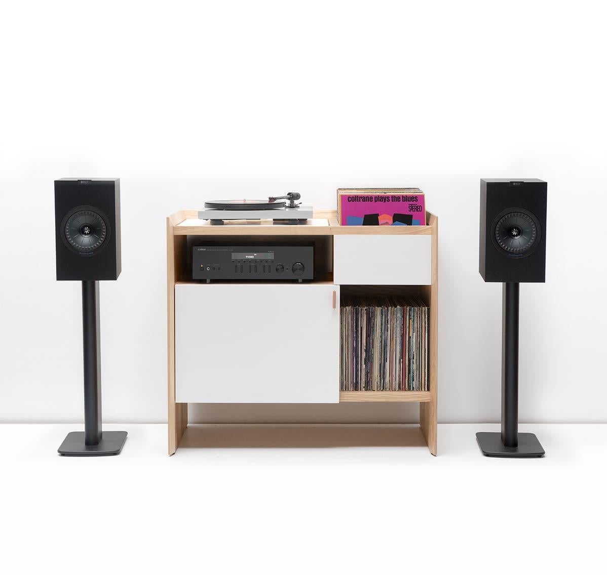 An all-in-one solution, Unison combines both audio gear and record storage into a beautifully designed single piece of solid wood furniture. When flanked with floor standing speakers Unison creates the ultimate dedicated entertainment furniture