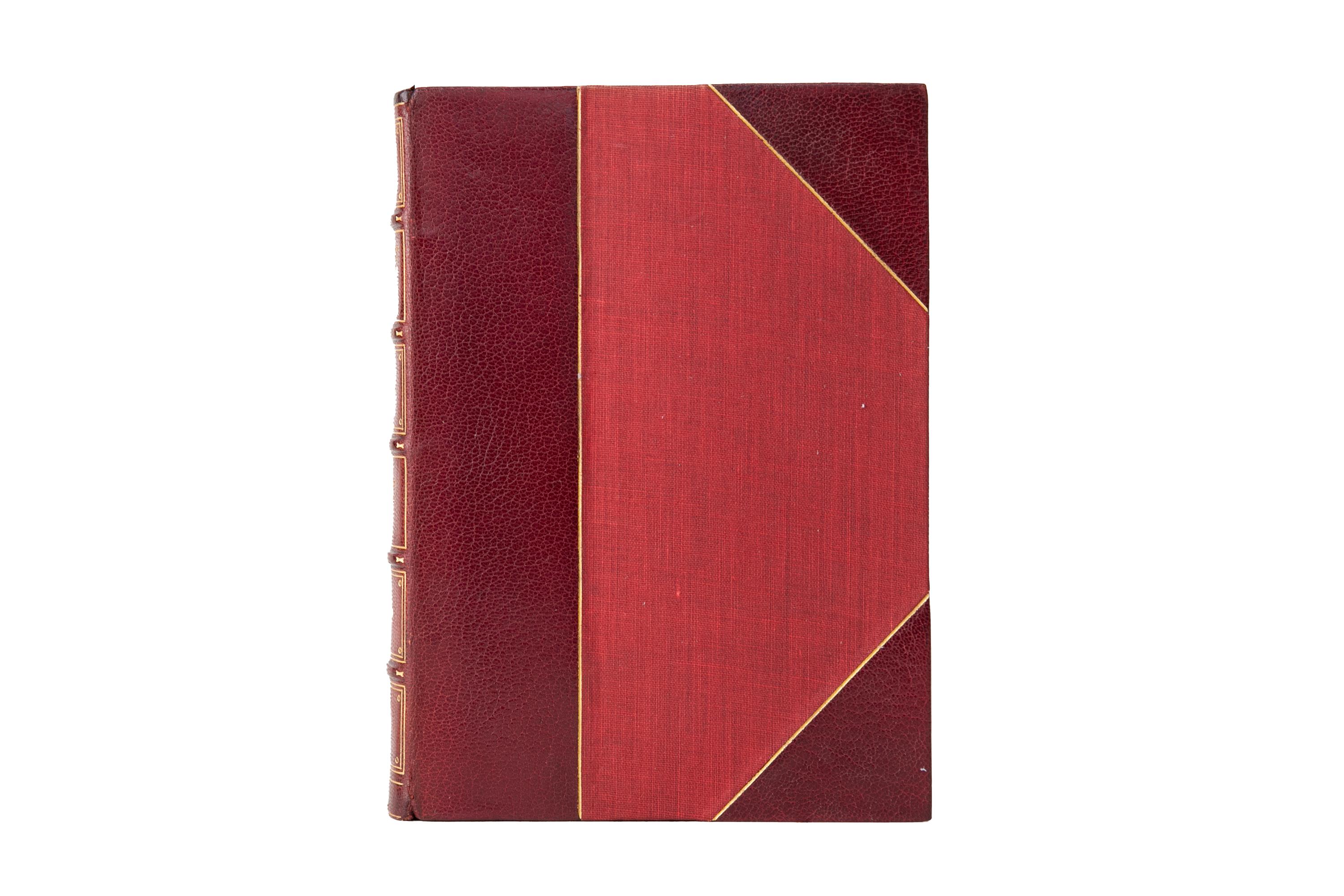 38 Volumes. Charles Dickens, The Works. Gadshill Edition. Bound by Bayntun in 3/4 red morocco and linen boards bordered in gilt-tooling. Raised band spines with gilt-tooled detailing. Top edges gilt with marbled endpapers. Introductions, general