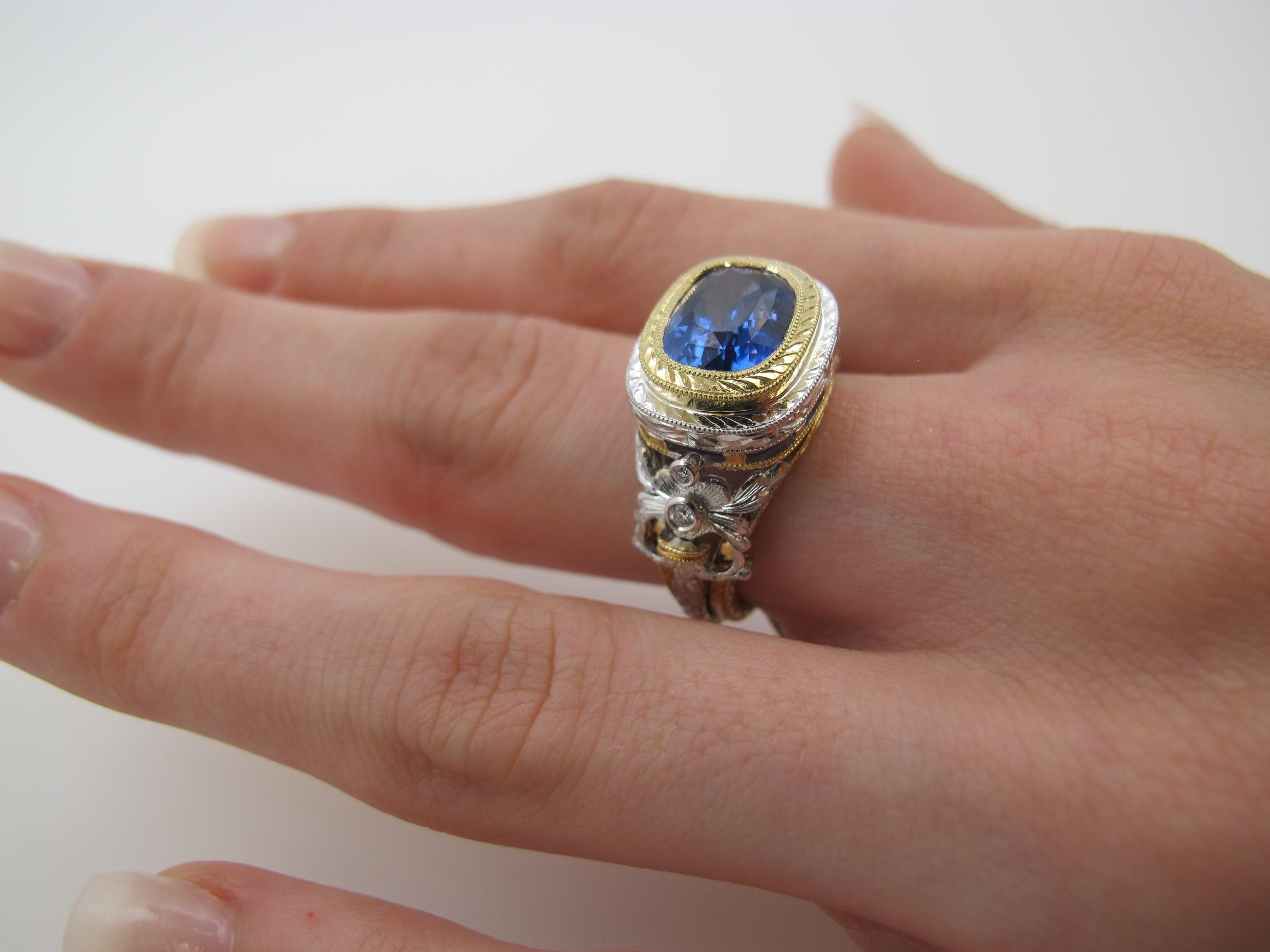 3.80 Carat Blue Sapphire and Diamond Ring, Handmade in 18k Yellow and White Gold For Sale 6