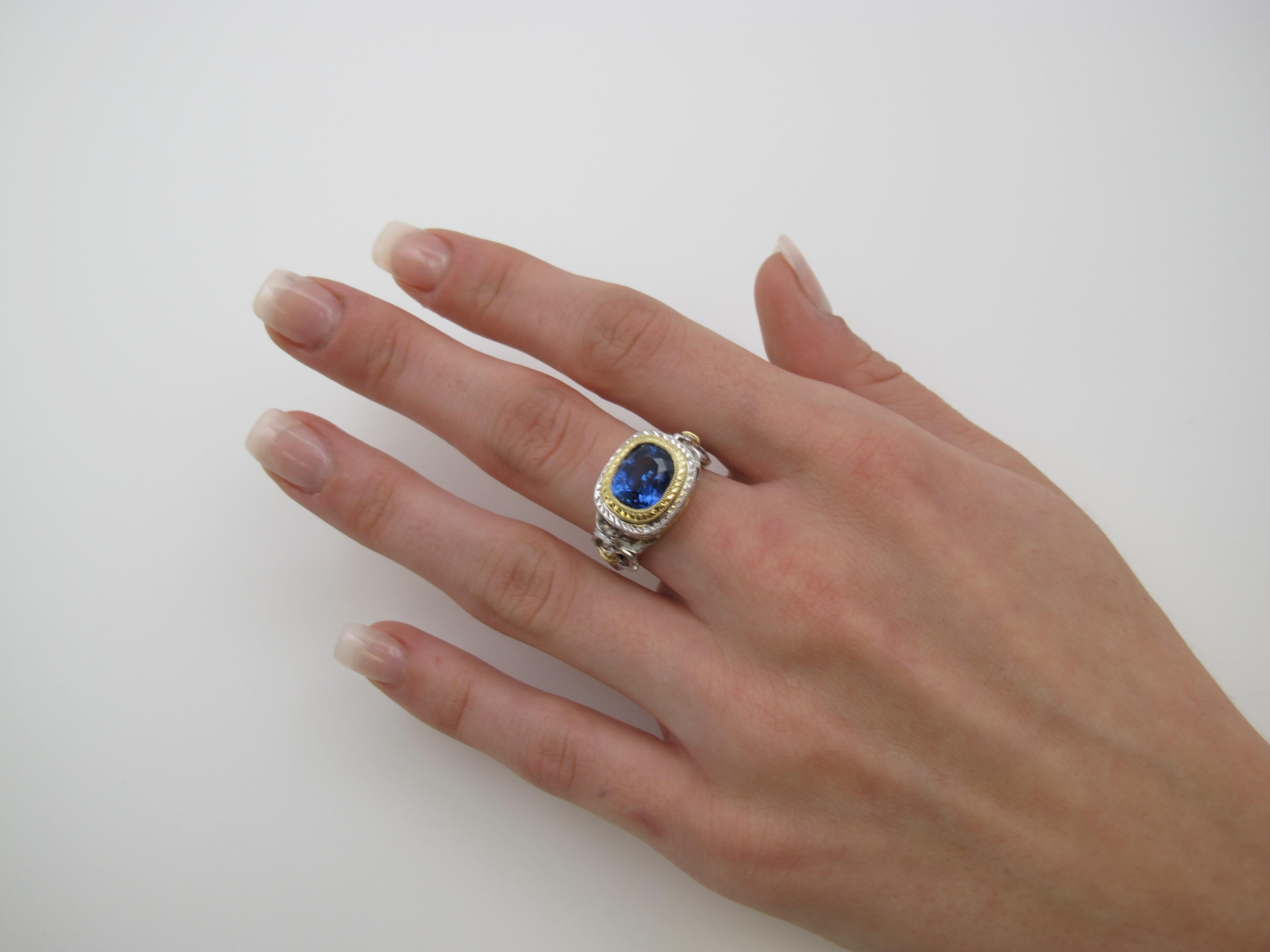 3.80 Carat Blue Sapphire and Diamond Ring, Handmade in 18k Yellow and White Gold For Sale 5