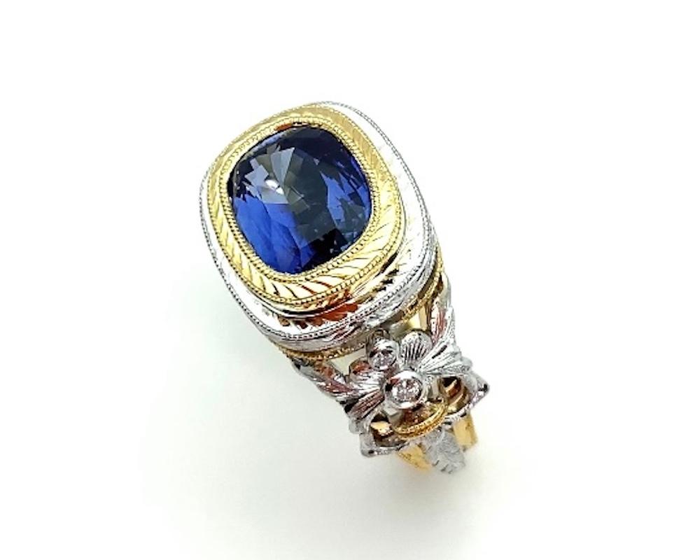 Artisan 3.80 Carat Blue Sapphire and Diamond Ring, Handmade in 18k Yellow and White Gold For Sale