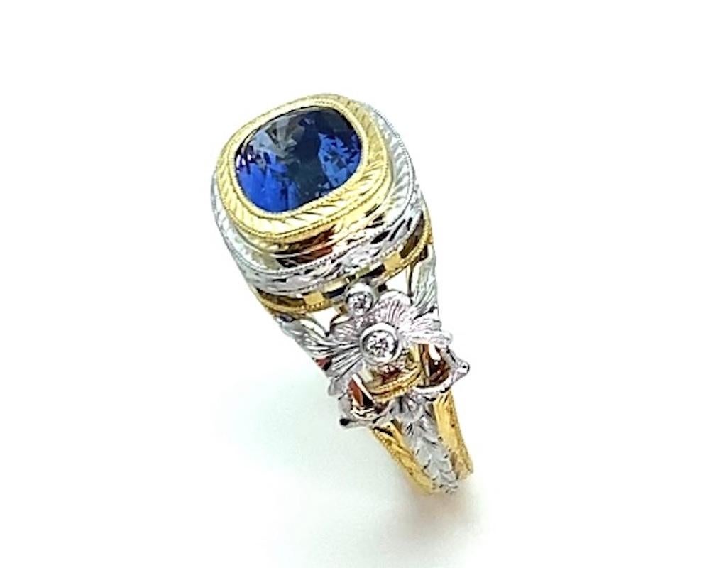 Cushion Cut 3.80 Carat Blue Sapphire and Diamond Ring, Handmade in 18k Yellow and White Gold For Sale