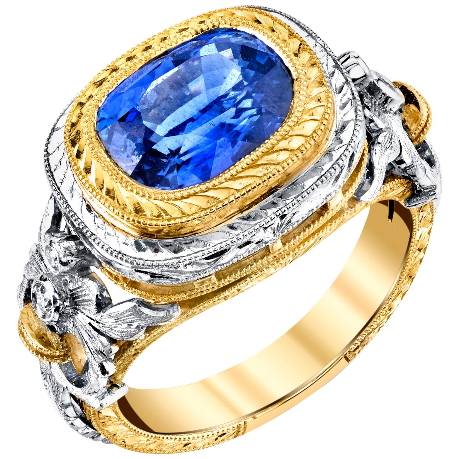 3.80 Carat Blue Sapphire and Diamond Ring, Handmade in 18k Yellow and White Gold For Sale