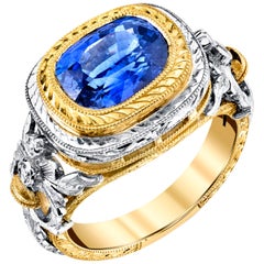 Ring mit 3,80 Karat blauem Saphir und Diamant, handgefertigt aus 18k Gelb- und Weißgold