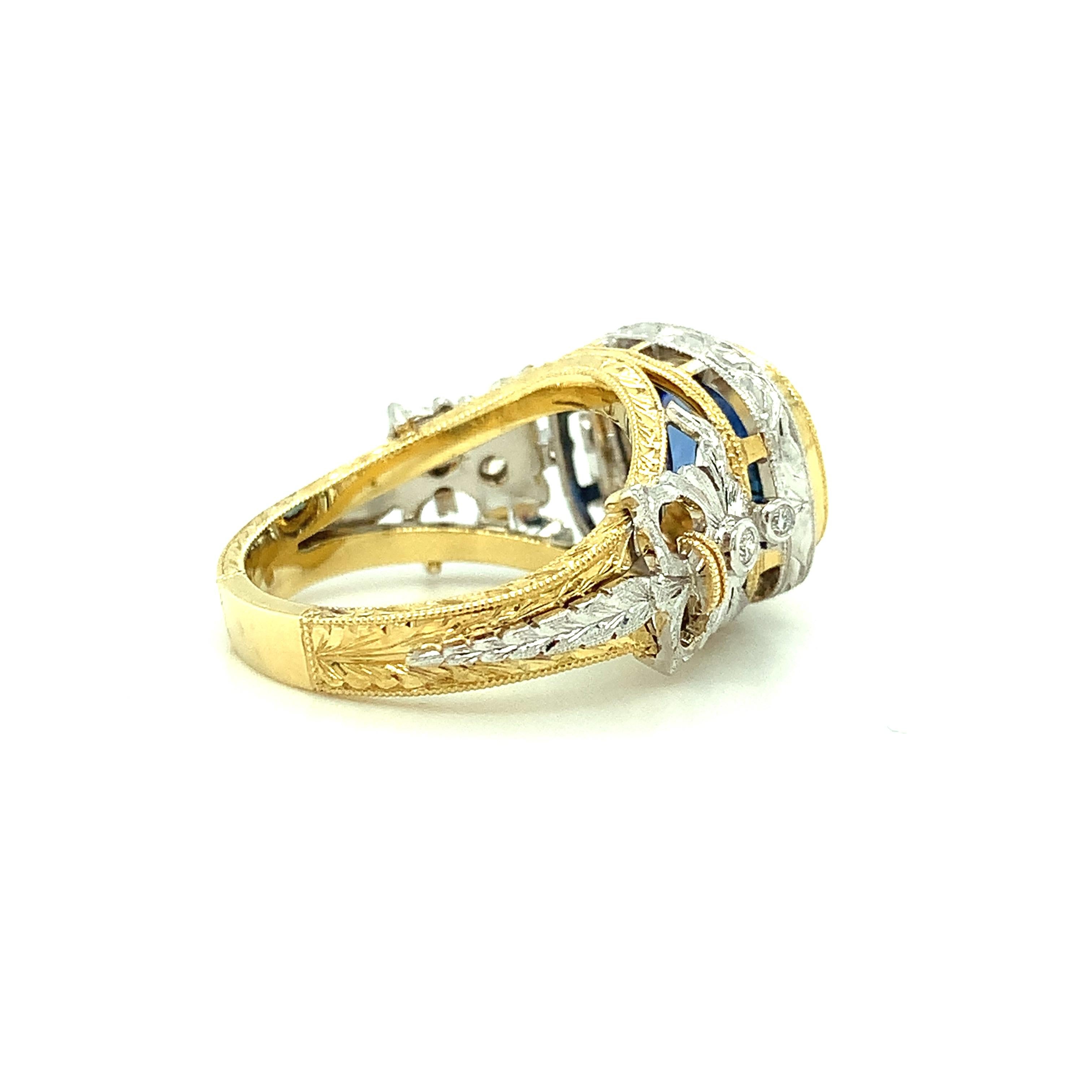 3.80 Carat Blue Sapphire and Diamond Ring, Handmade in 18k Yellow and White Gold For Sale 4