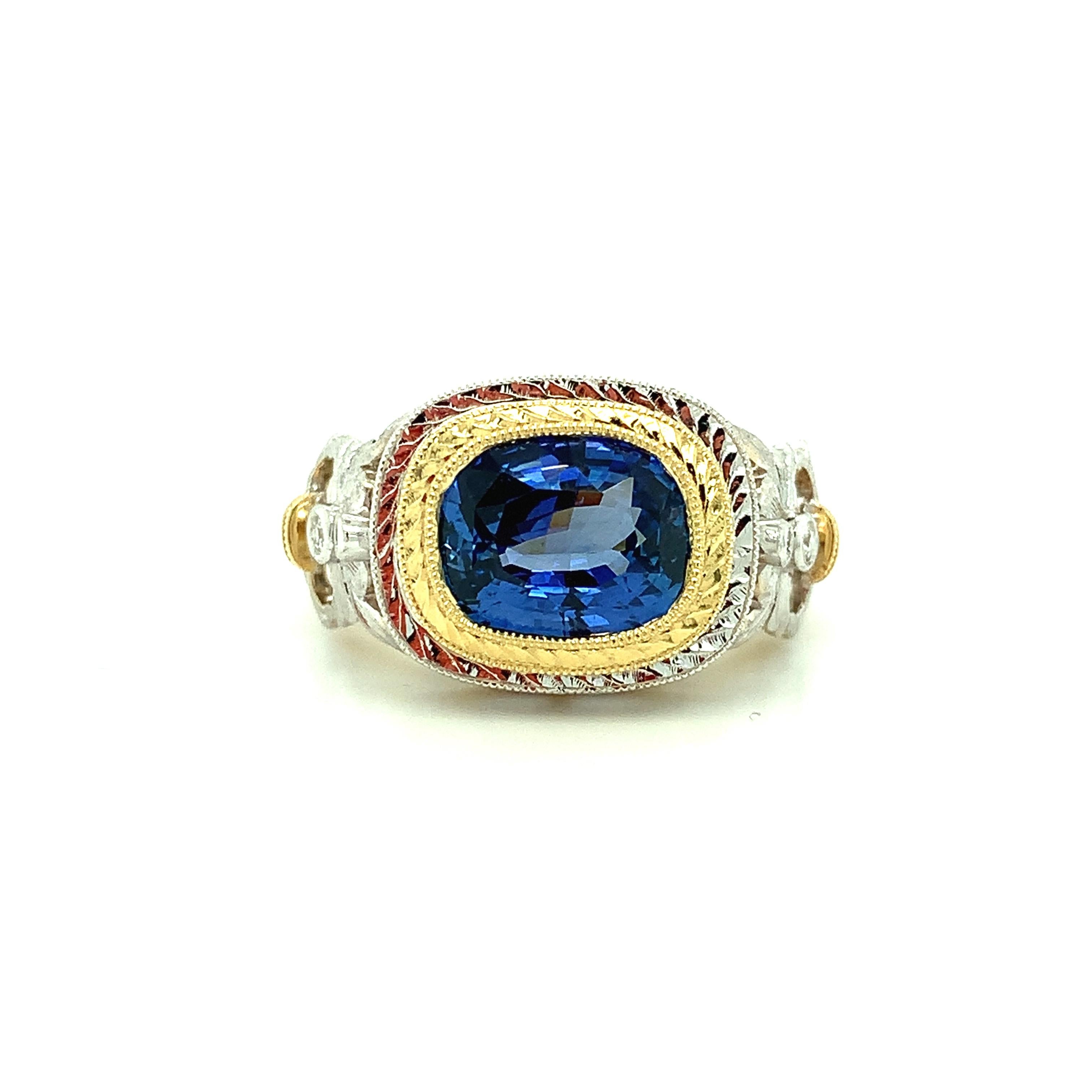 Women's or Men's 3.80 Carat Blue Sapphire and Diamond Ring, Handmade in 18k Yellow and White Gold For Sale