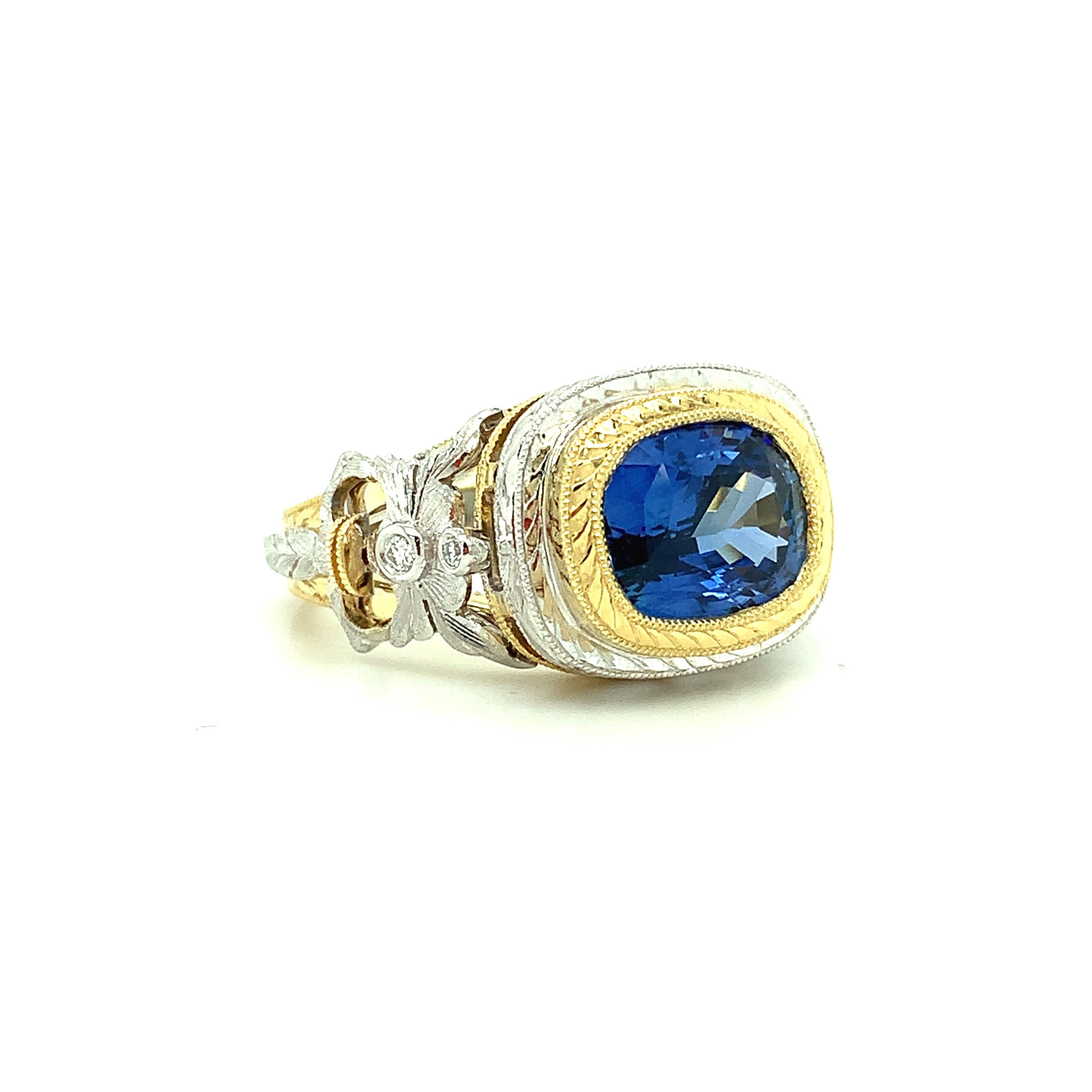 3.80 Carat Blue Sapphire and Diamond Ring, Handmade in 18k Yellow and White Gold For Sale 1