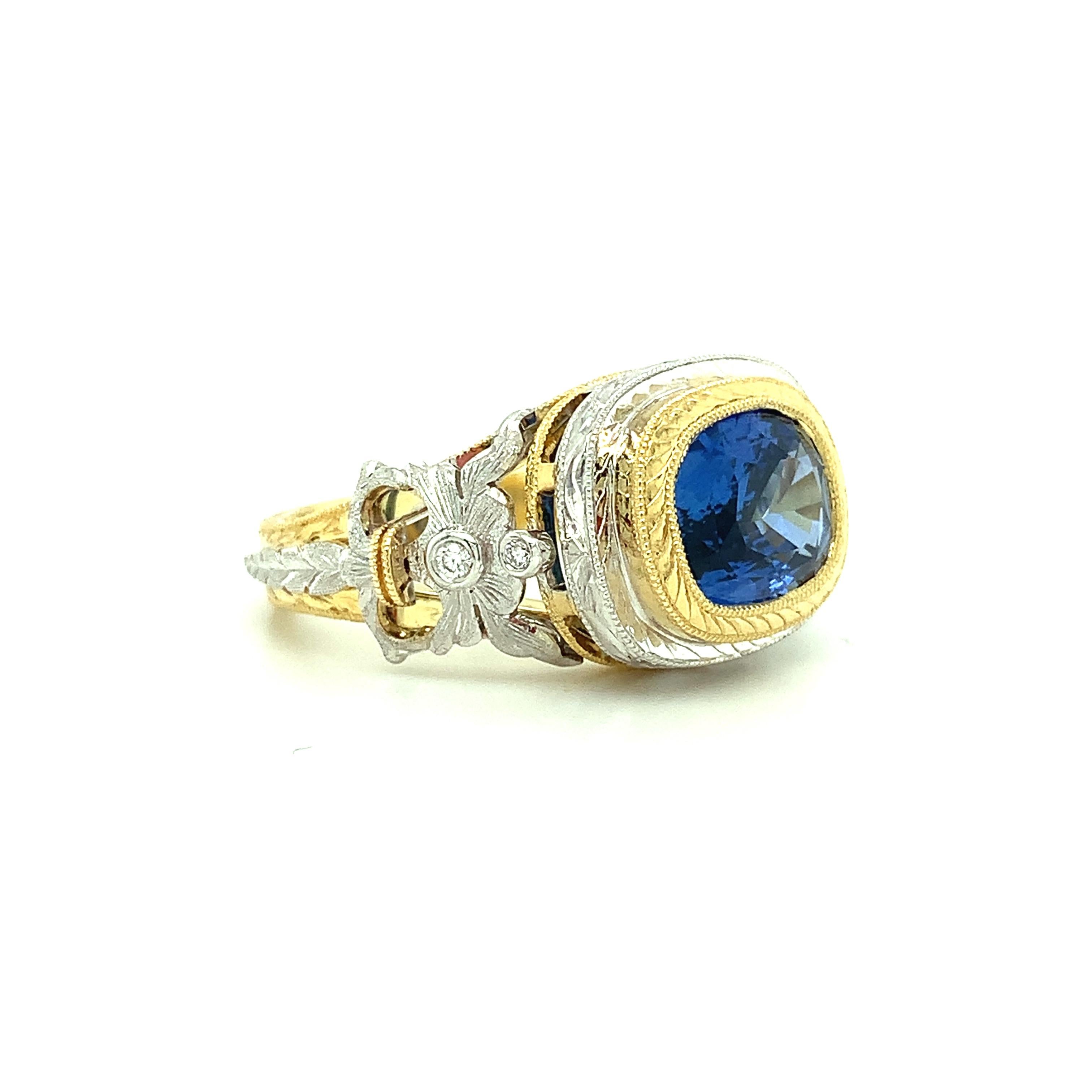 3.80 Carat Blue Sapphire and Diamond Ring, Handmade in 18k Yellow and White Gold For Sale 2