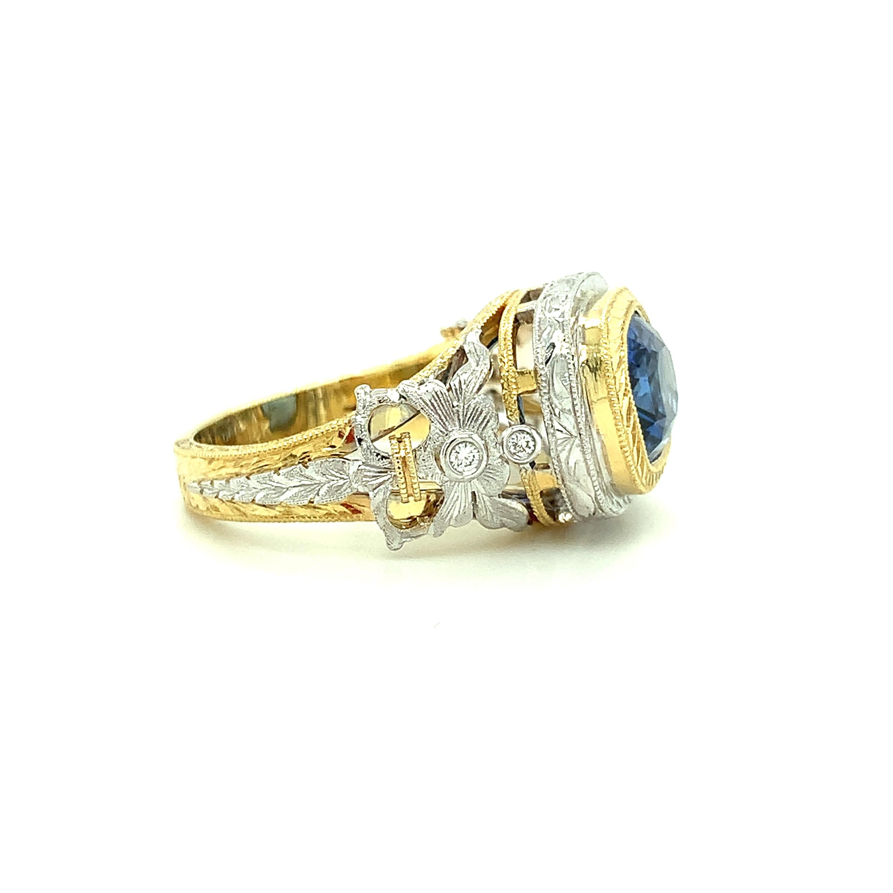 3.80 Carat Blue Sapphire and Diamond Ring, Handmade in 18k Yellow and White Gold For Sale 3