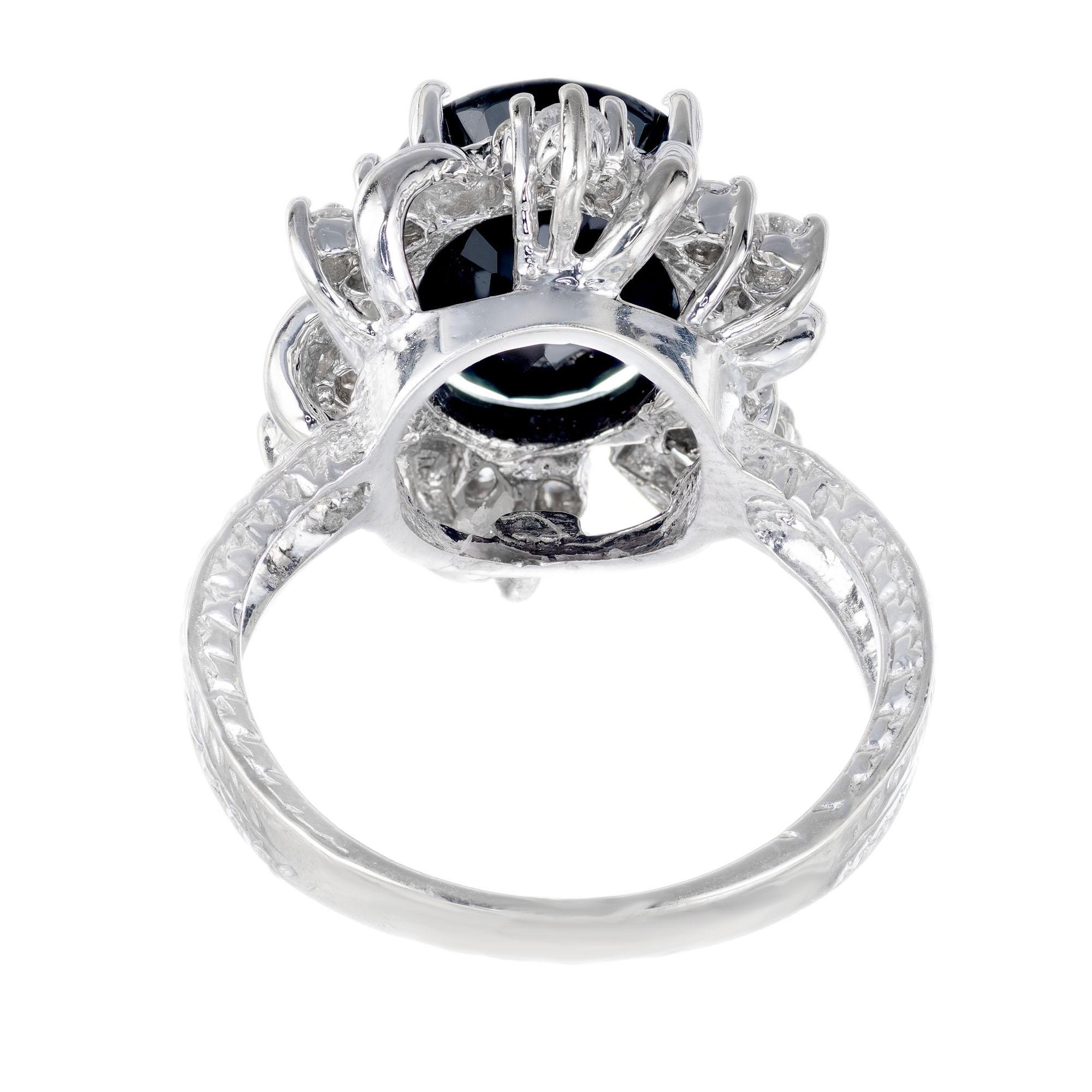3.80 Carat Deep Blue Sapphire Diamond Halo White Gold Engagement Ring In Excellent Condition In Stamford, CT