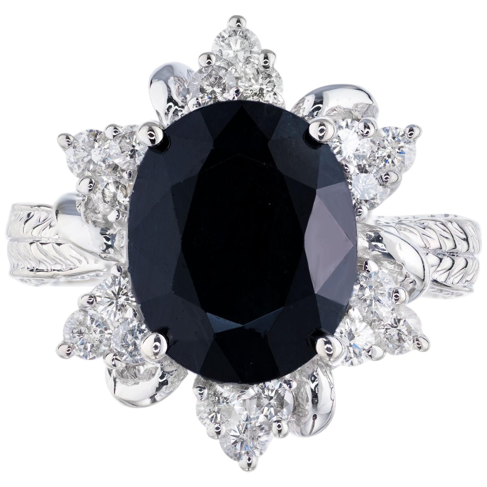 3.80 Carat Deep Blue Sapphire Diamond Halo White Gold Engagement Ring