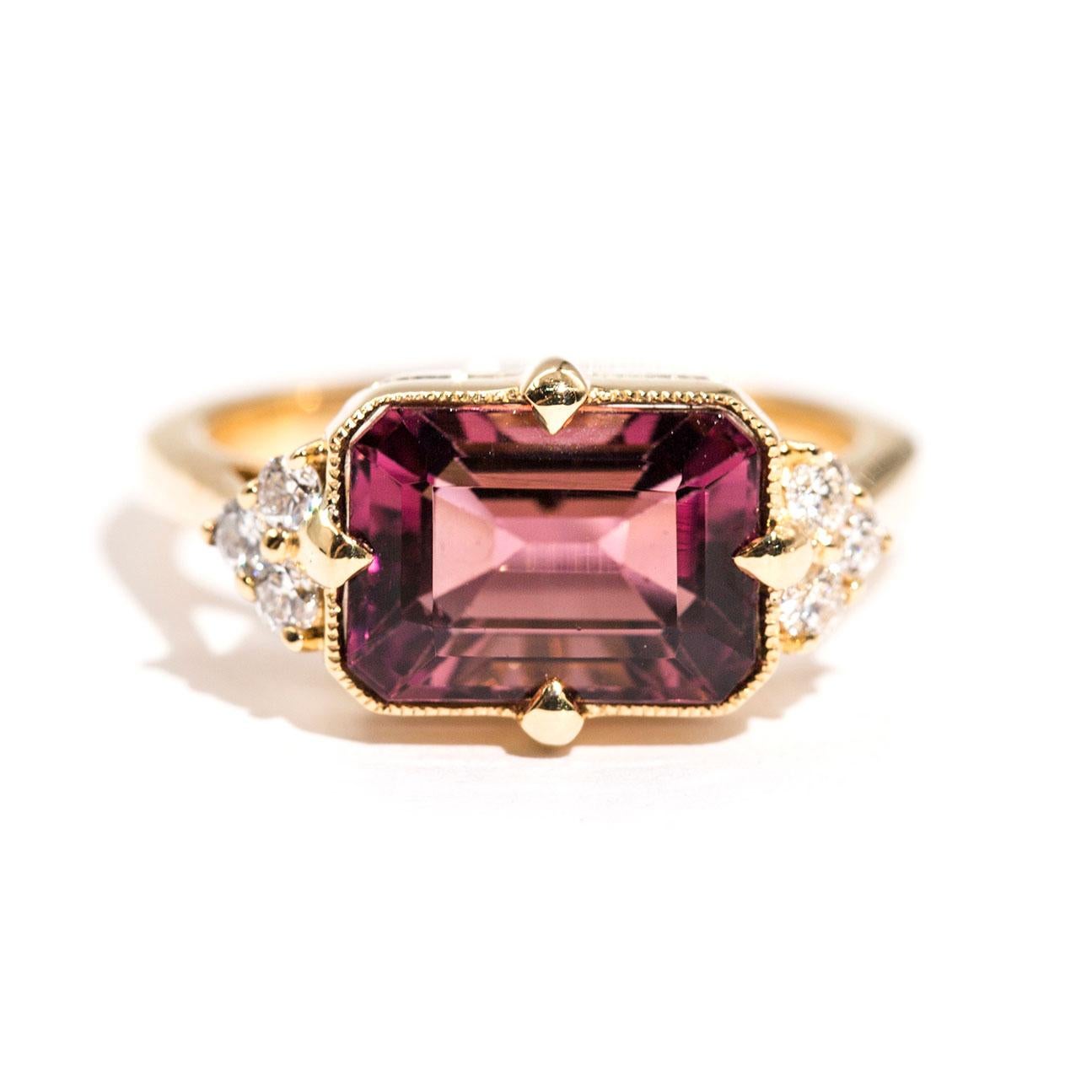 3.80 Carat Emerald Cut Red Purple Tourmaline and Diamond 18 Carat Gold Ring 6