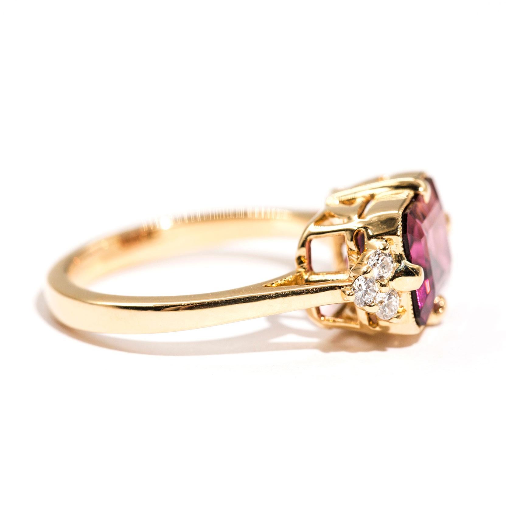 Contemporary 3.80 Carat Emerald Cut Red Purple Tourmaline and Diamond 18 Carat Gold Ring