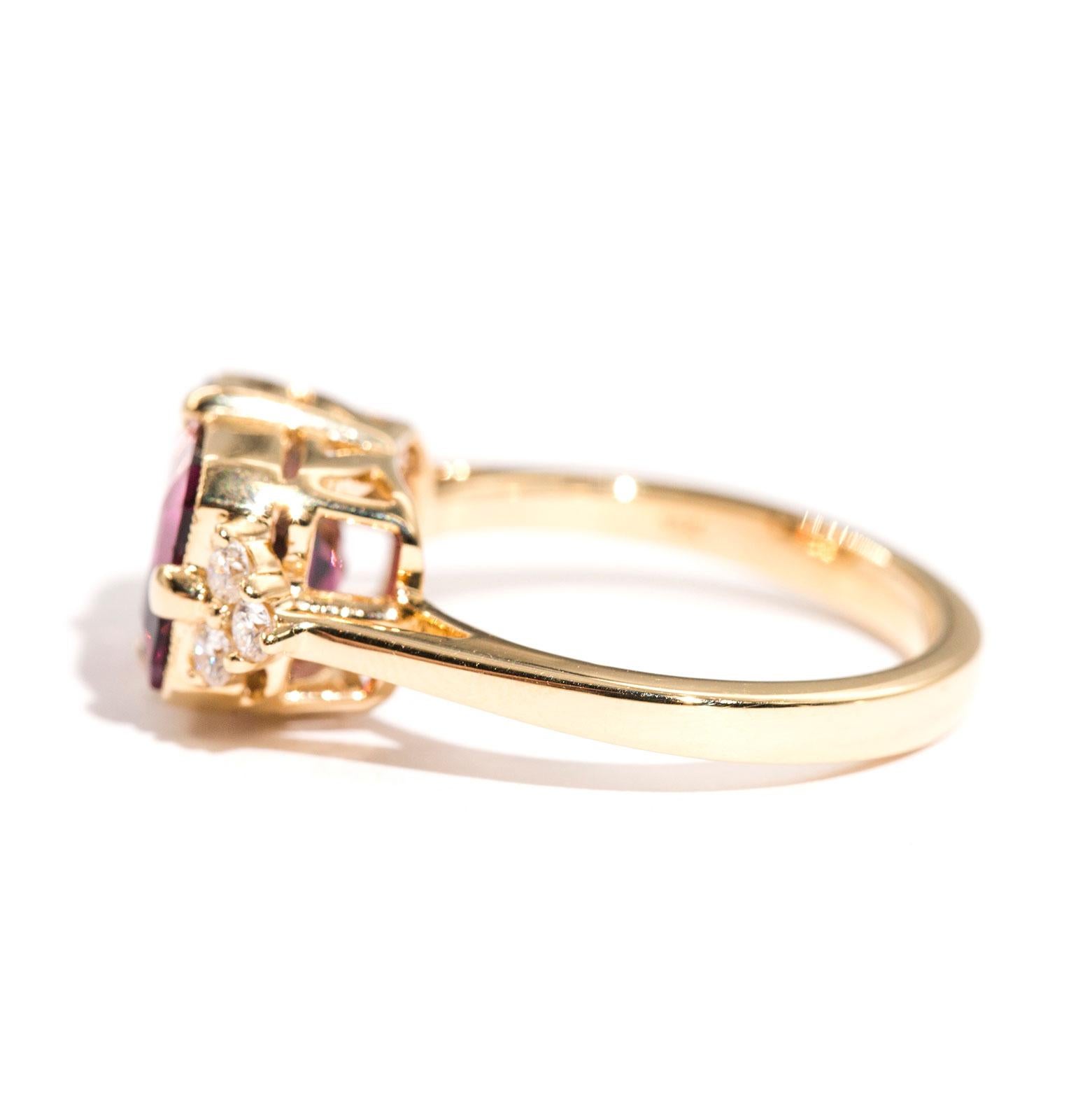 3.80 Carat Emerald Cut Red Purple Tourmaline and Diamond 18 Carat Gold Ring In New Condition In Hamilton, AU