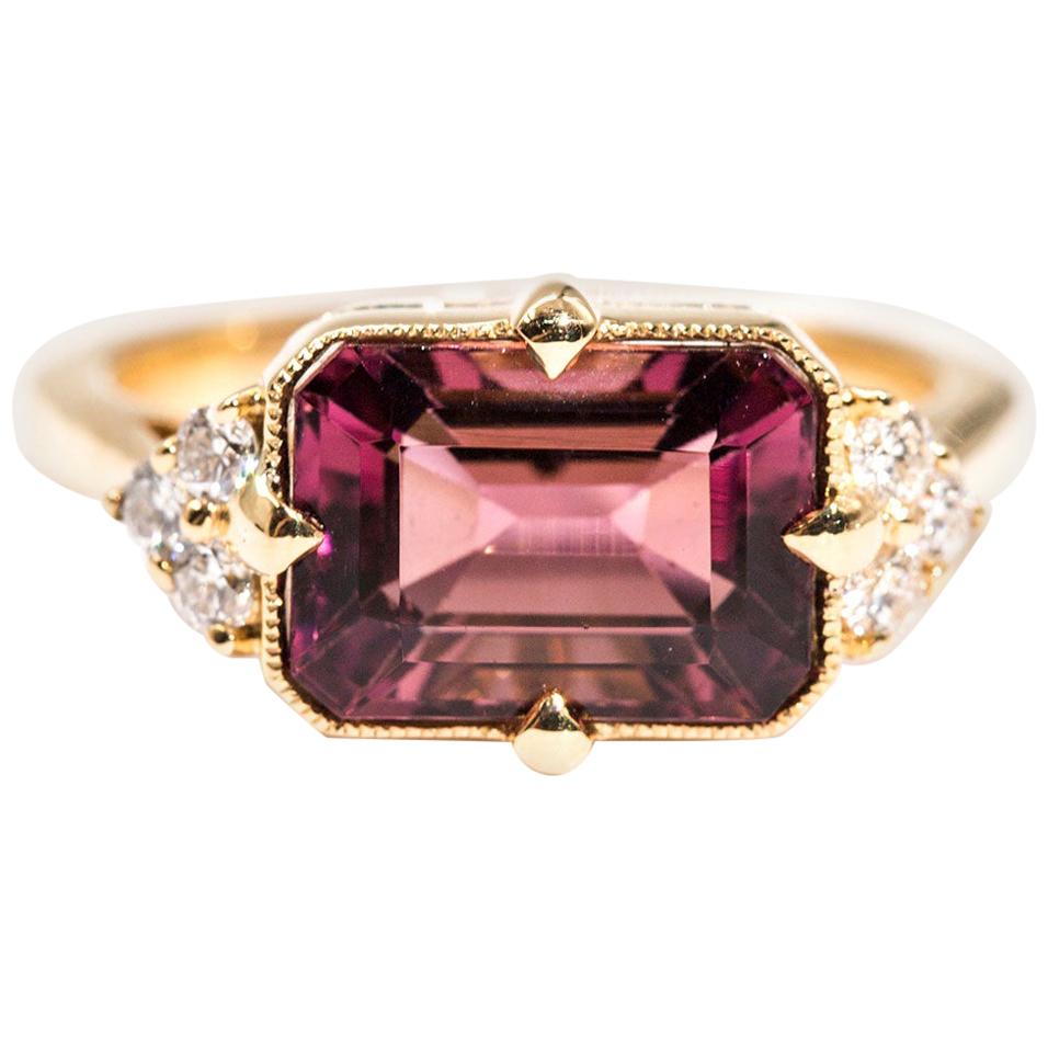 3.80 Carat Emerald Cut Red Purple Tourmaline and Diamond 18 Carat Gold Ring
