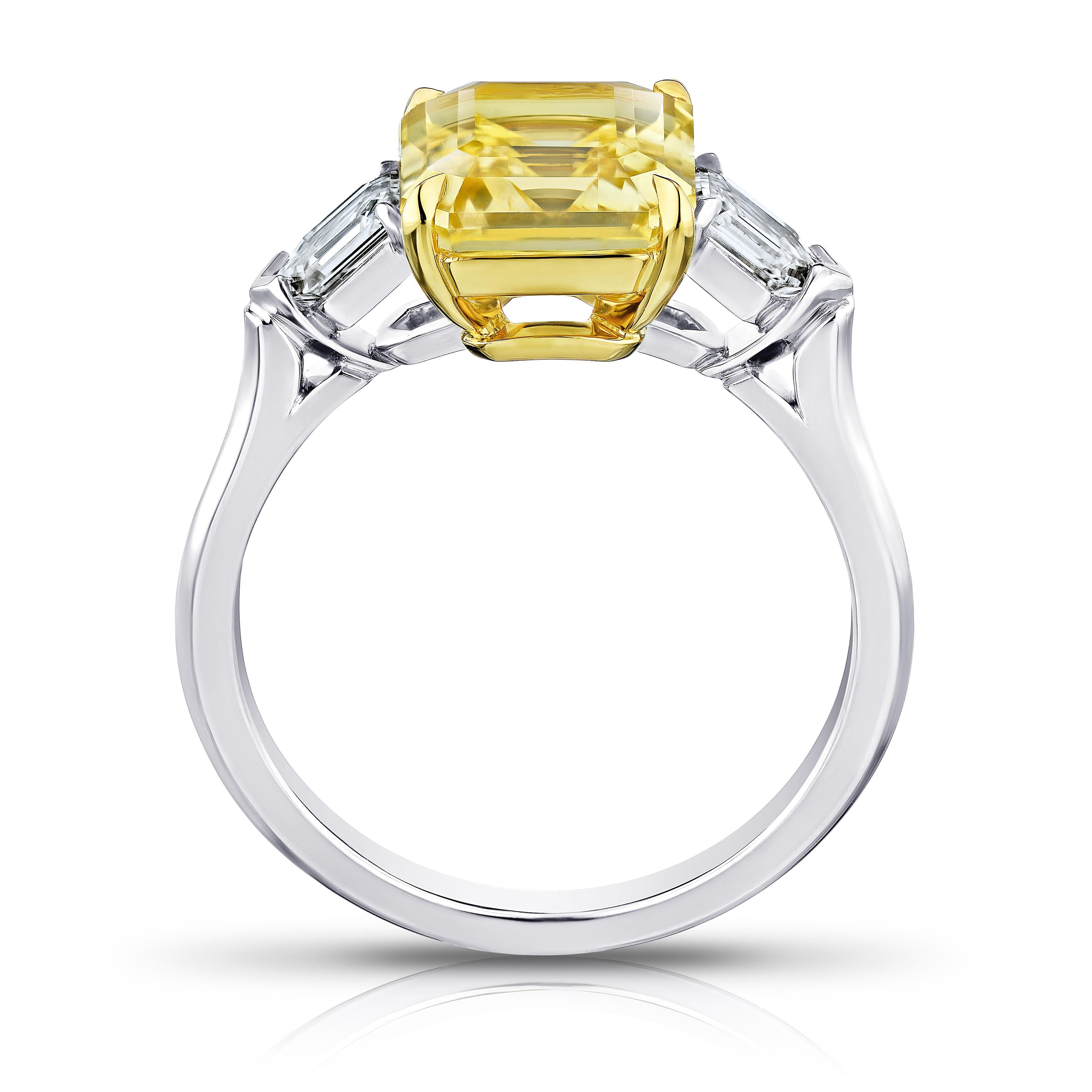 Contemporary 3.80 Carat Emerald Cut Yellow Sapphire and Diamond Ring