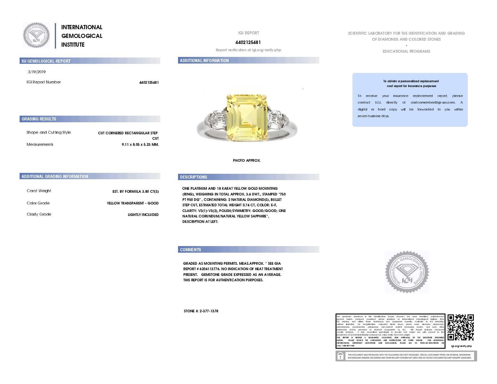 3.80 Carat Emerald Cut Yellow Sapphire and Diamond Ring 1