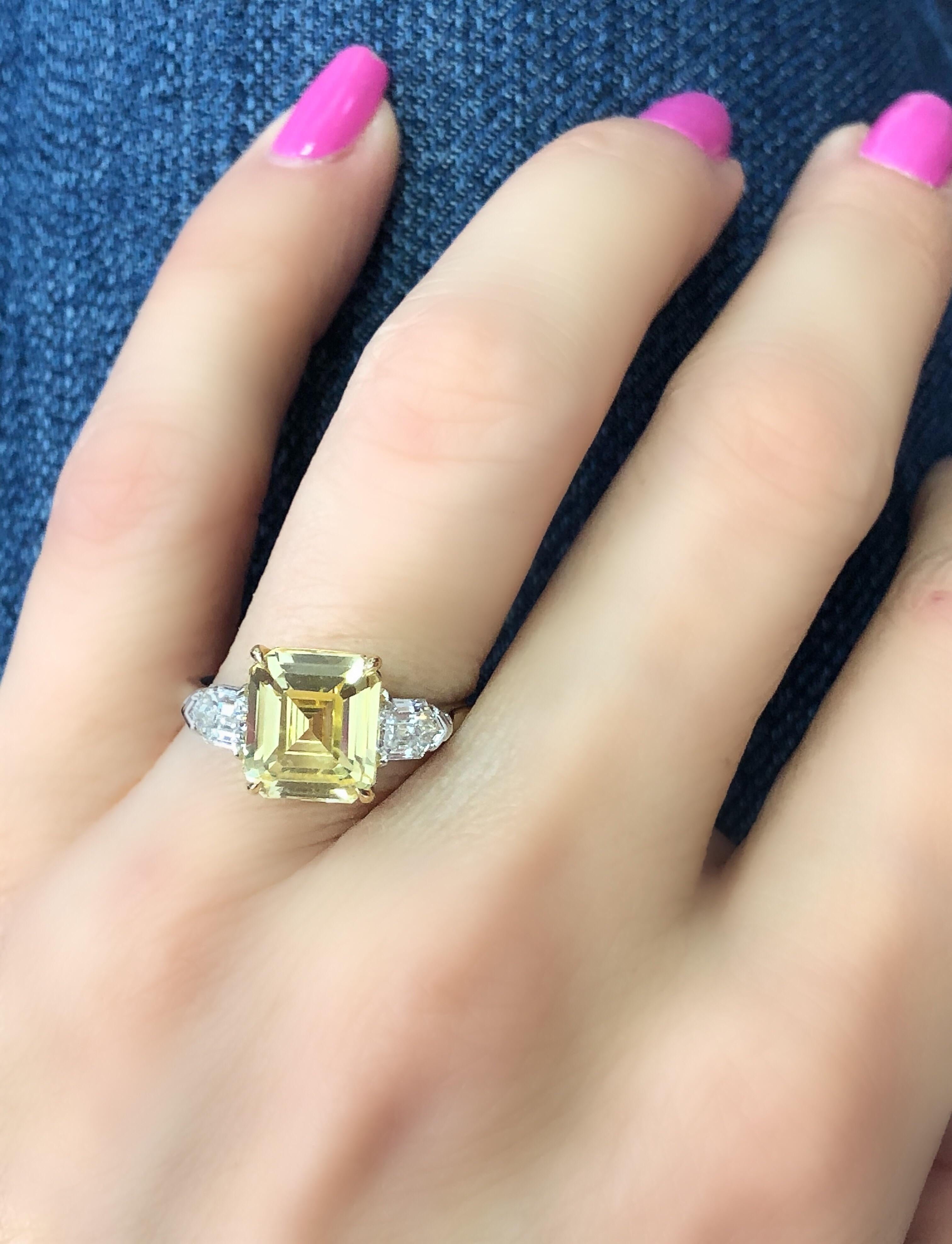 3.80 Carat Emerald Cut Yellow Sapphire and Diamond Ring 2